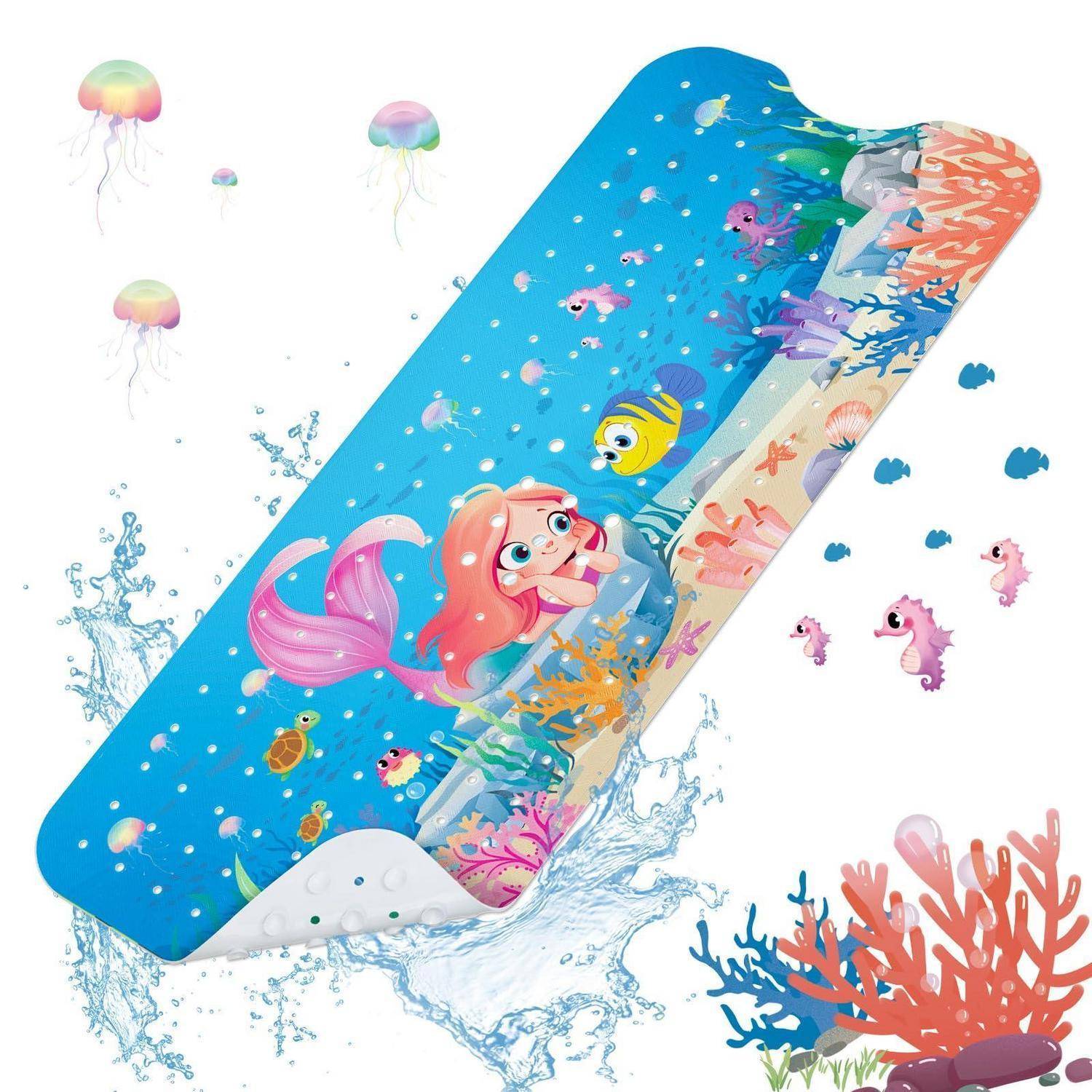 Cartoon-Meerjungfrau auf einem telefonförmigen Unterwasserszenario mit Fischen, Quallen, Korallen und Blasen auf weißem Hintergrund.