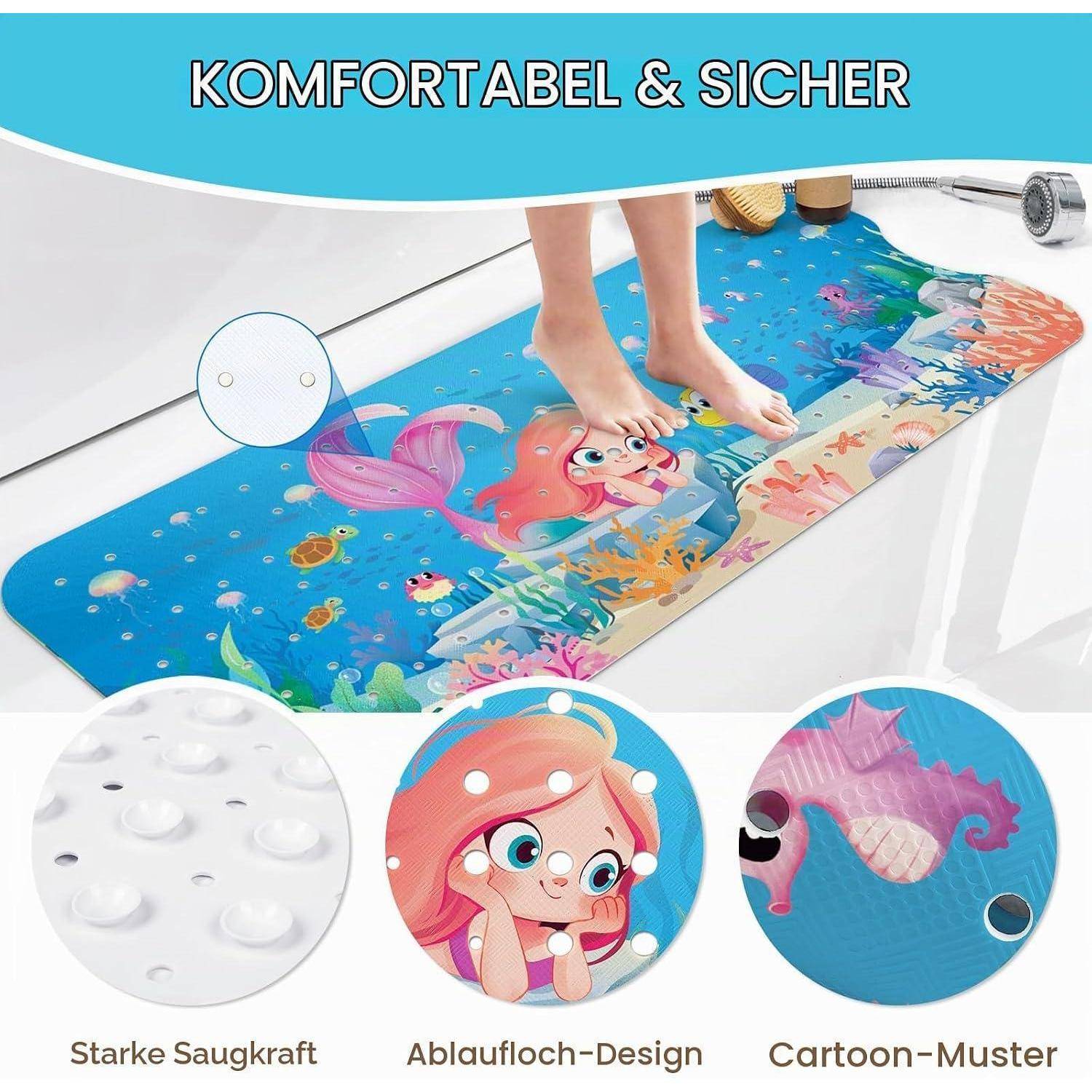 BadeMatte mit Cartoon-Meerjungfrauen-Design; dargestellt als komfortabel und sicher, mit starken Saugnäpfen und Ablaufloch-Design.
