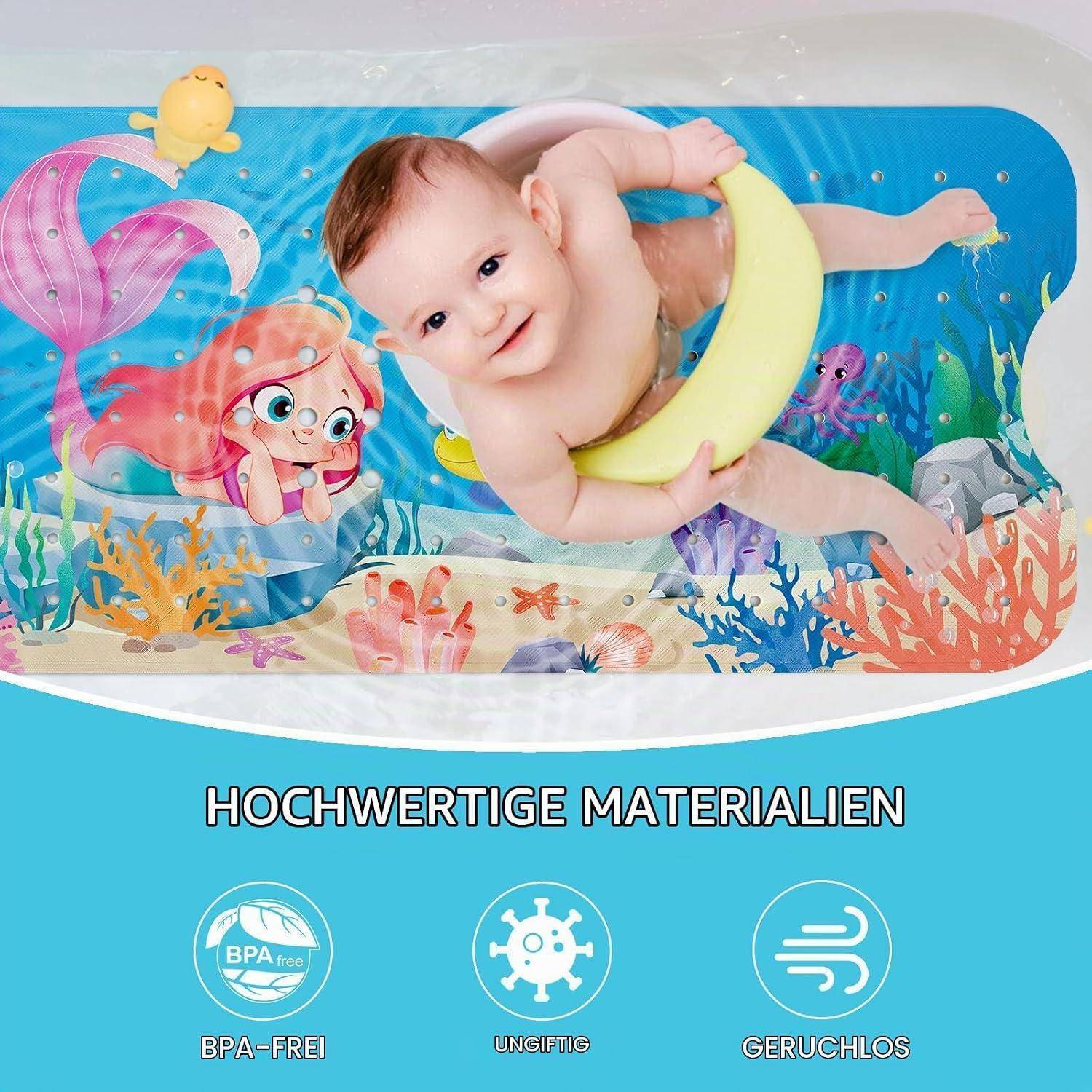 Baby liegt in einer bunten aufblasbaren Badewanne mit Meereswesen-Grafiken; deutscher Text darunter sagt „HOCHWERTIGE MATERIALIEN