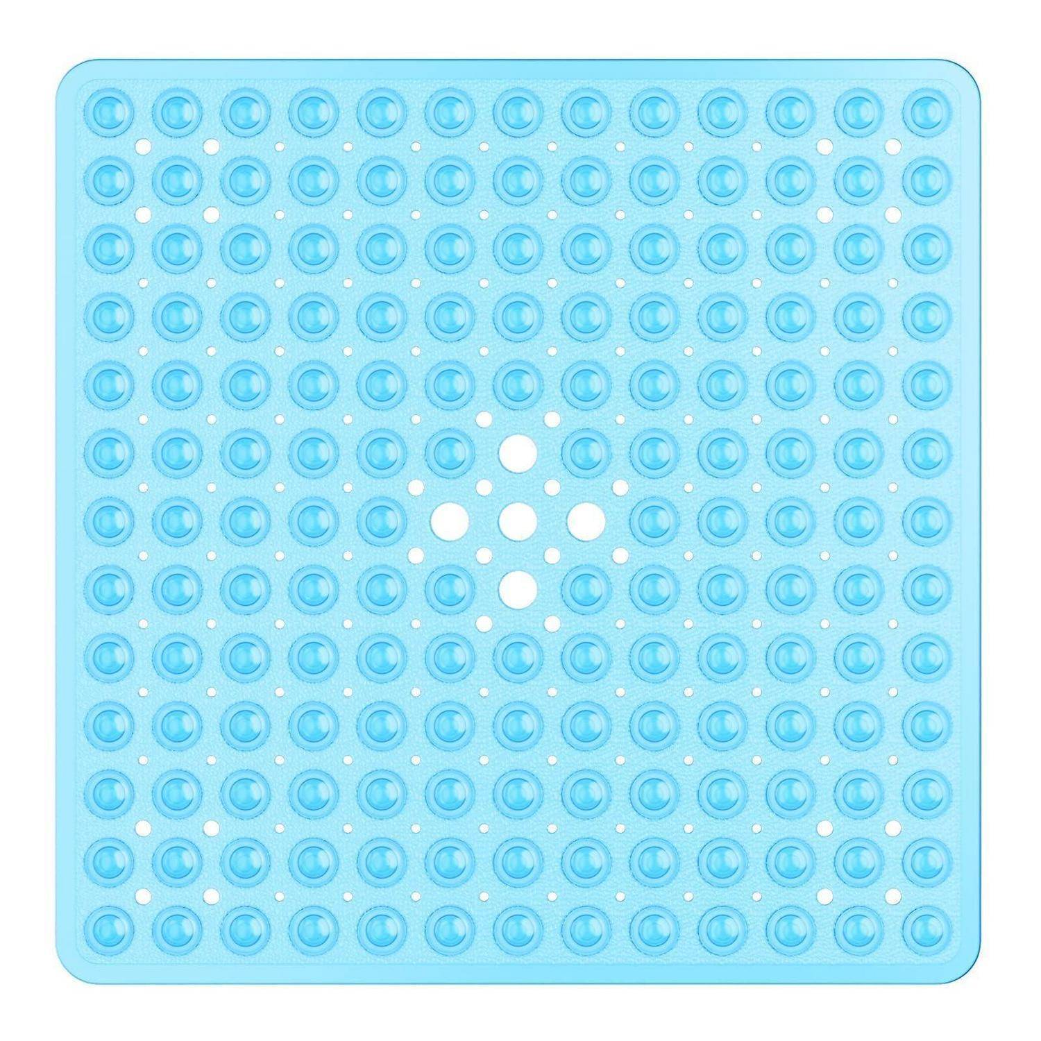 Hellblaues quadratisches Silikon-Push-Pop-Spielzeug mit Reihen von kreisförmigen Blasen und einem weißen Plus-förmigen Cluster in der Mitte.