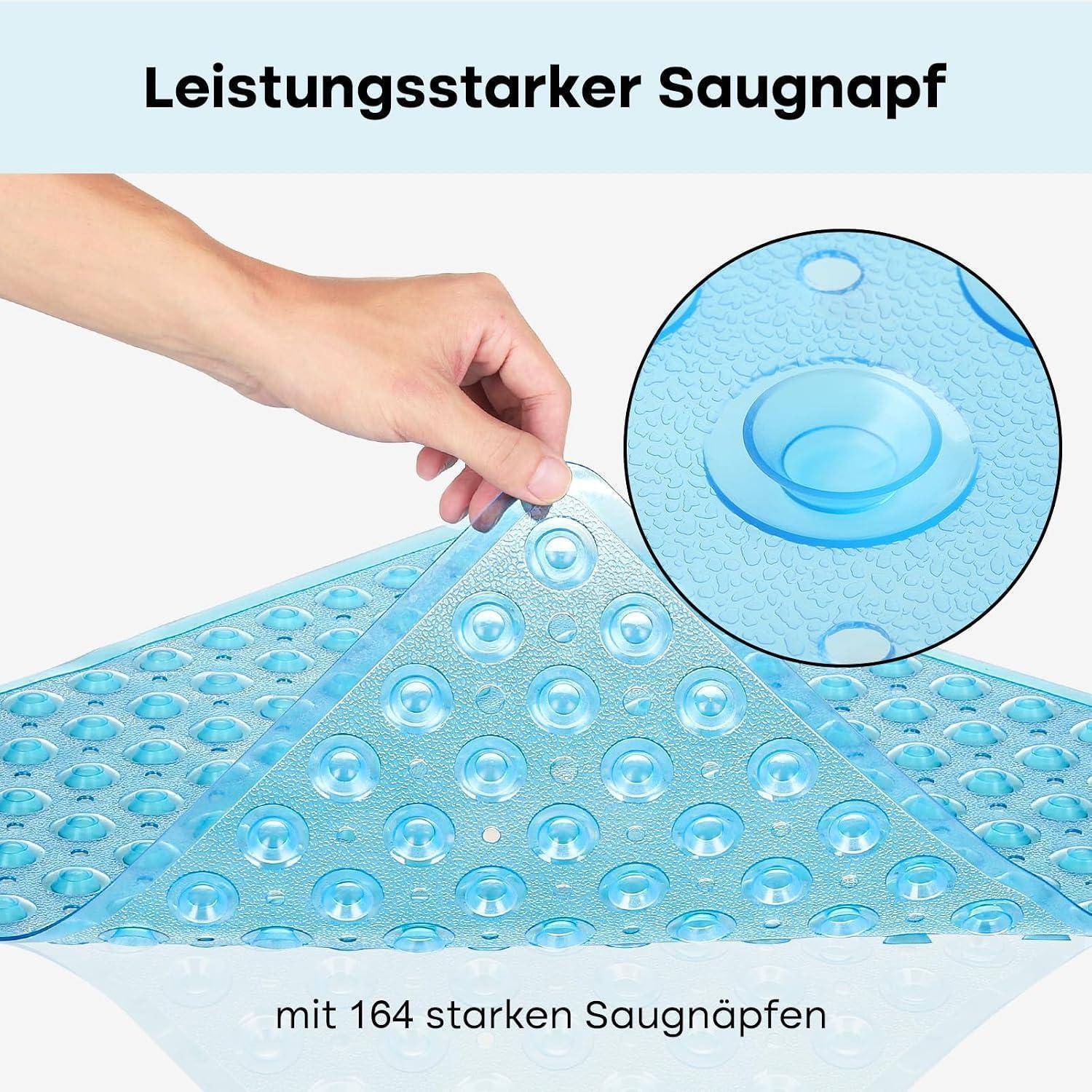 Blaugrüne Badewannenmatte mit 164 Saugnäpfen; eine Hand hebt eine Ecke an, um die starke Griffigkeit zu zeigen, mit einer vergrößerten Nahaufnahme des Saugnapfdesigns und deutschem Text „Leistungsstarker Saugnapf
