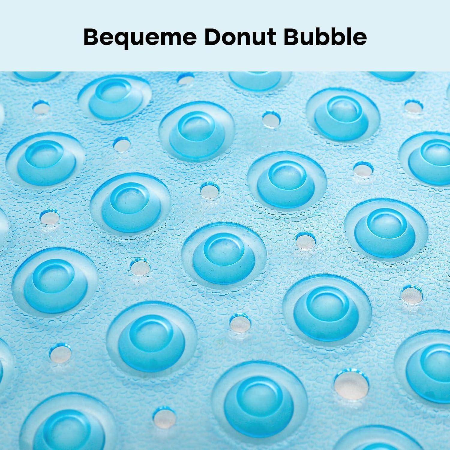 Blaue ringförmige Blasen auf hellblauem strukturiertem Hintergrund, mit dem Titel „Bequeme Donut Bubble