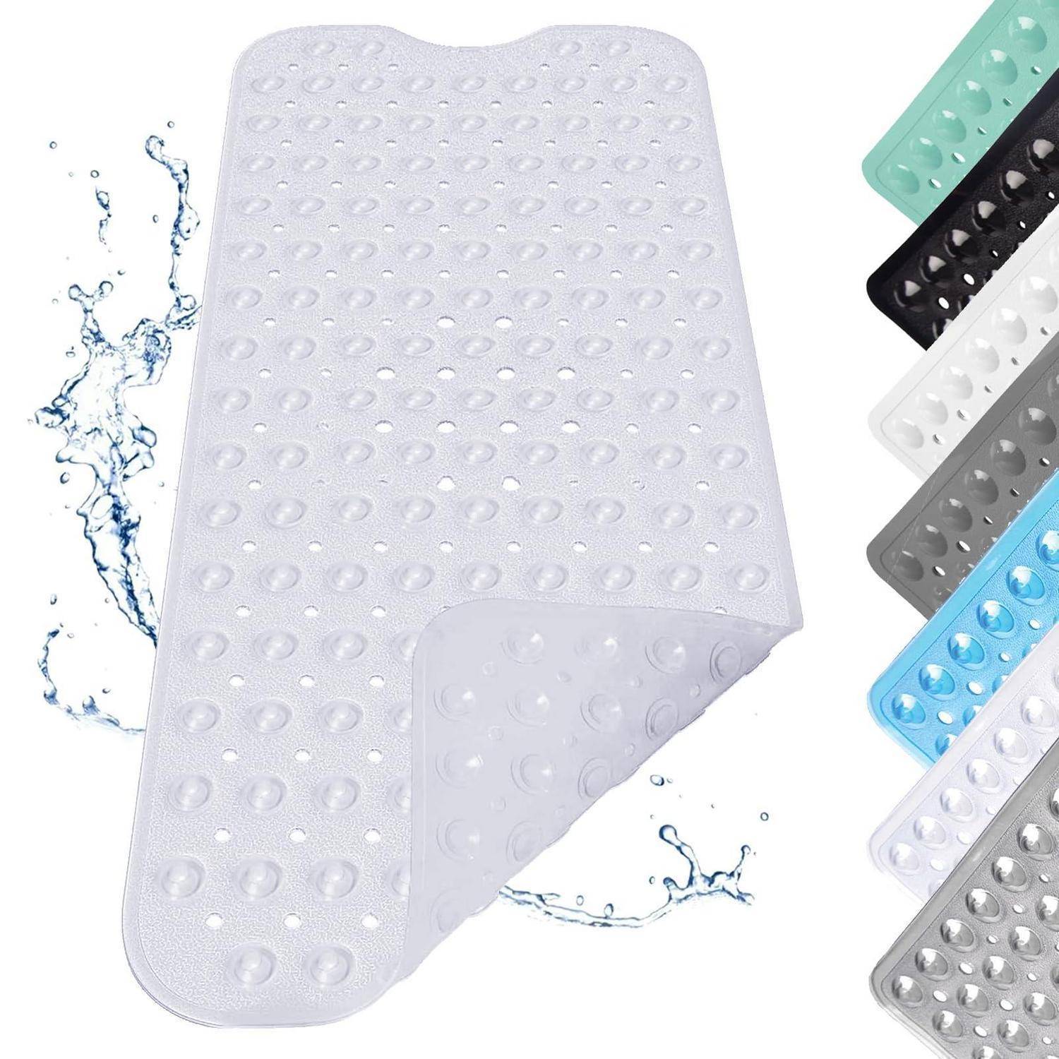 Strukturierte rutschfeste Badmatte mit Saugnäpfen, dargestellt mit hochgeklappter Ecke und in mehreren Farben an der Seite erhältlich.