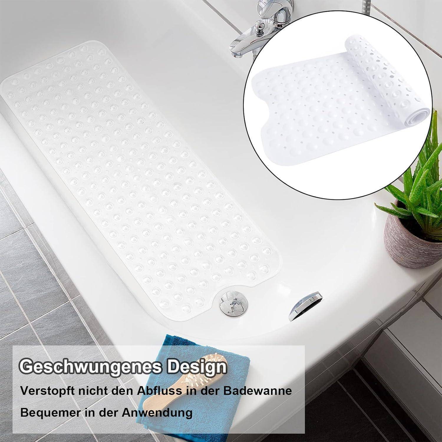 Weiße Badewanneneinlage gegen Rutschgefahr mit erhabenen Noppen und gebogener Form, gezeigt in einer Badewanne mit eingefügter Nahaufnahme und deutschem Werbetext.