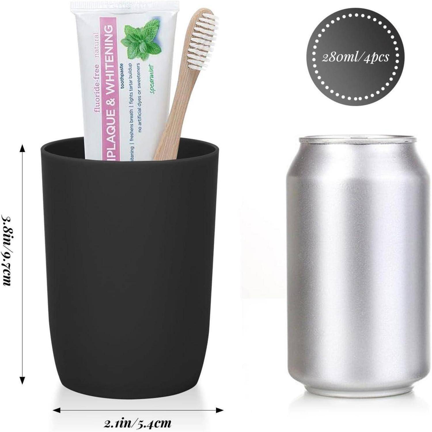 Schwarzer becherförmiger Halter mit Zahnbürste und Zahnpasta, gezeigt neben einer silbernen Dose als Größenreferenz; gekennzeichnet mit 280ml/4 Stück und 3,8 Zoll x 2,1 Zoll.