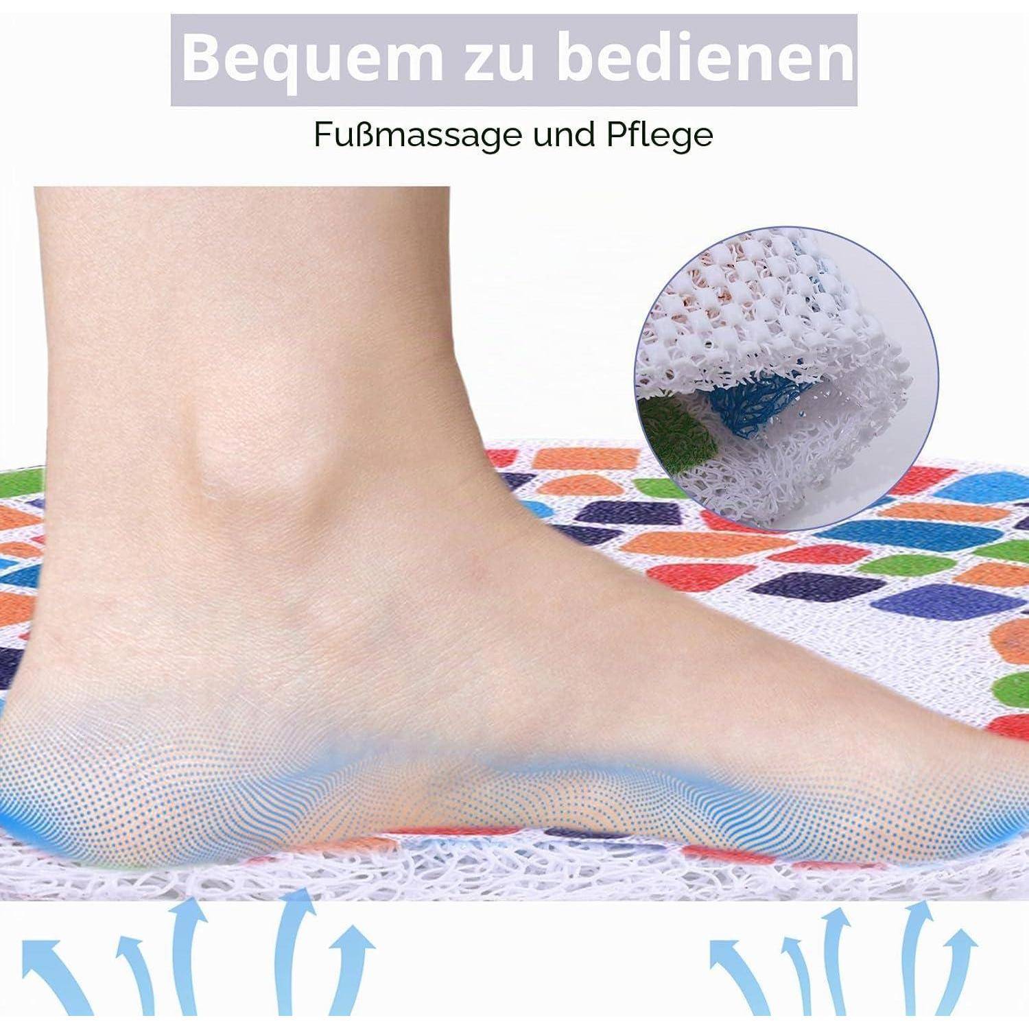 Fuß auf einer strukturierten Massagematte abgebildet mit Pfeilen, die Luftstrom anzeigen, und deutschem Text „Bequem zu bedienen