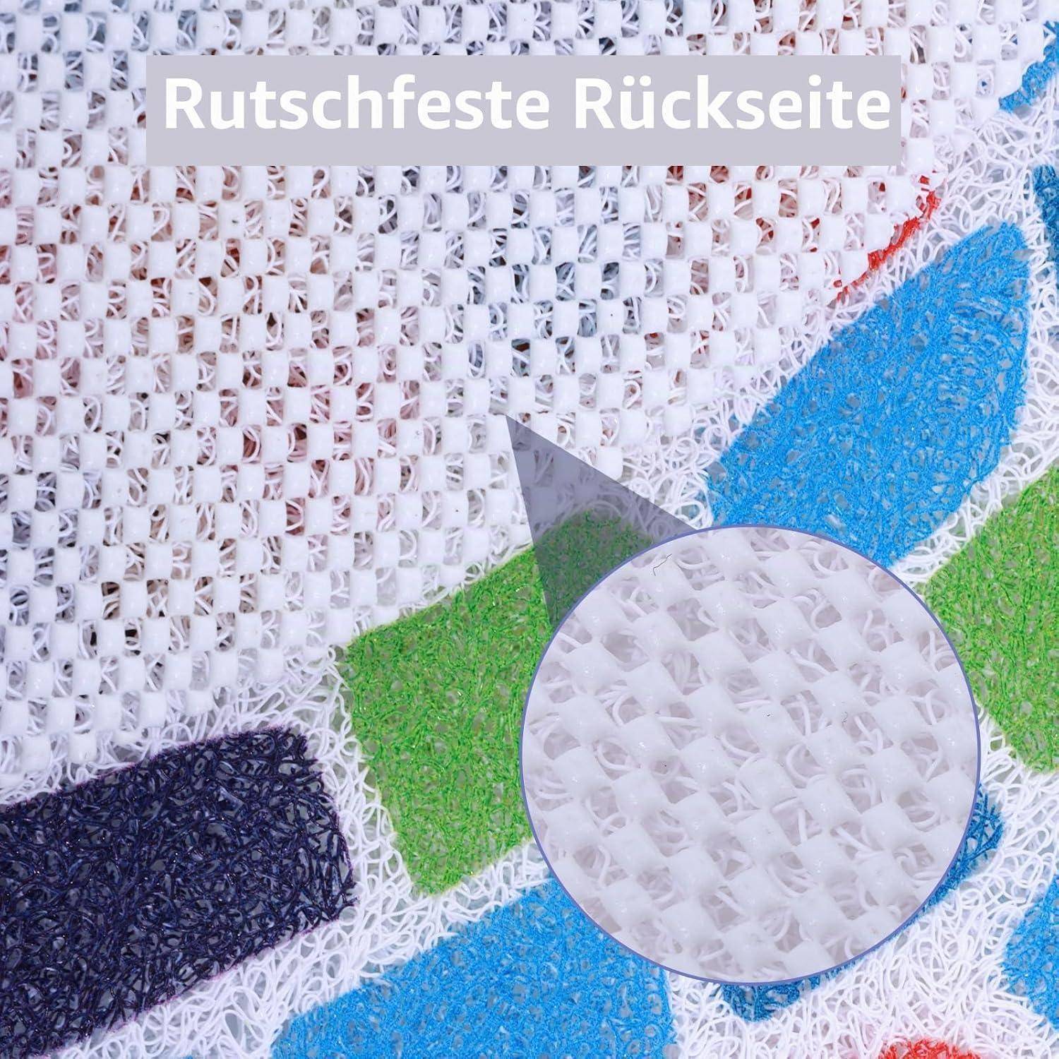 Nahaufnahme einer strukturierten rutschfesten Rückseite mit farbigen Stoffflicken, gekennzeichnet mit „Rutschfeste Rückseite