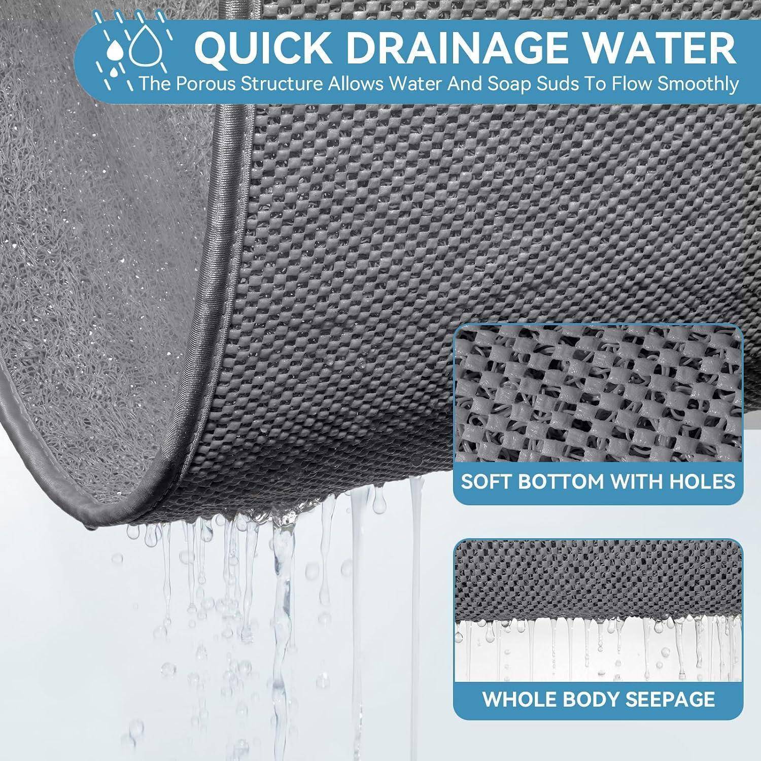 Nahaufnahme einer strukturierten Tasche mit Löchern, die schnelle Wasserableitung und Seifenschaum zeigt, der durchfließt; eingefügte Textmarken lesen „WEICHES BOTTOM MIT LÖCHERN