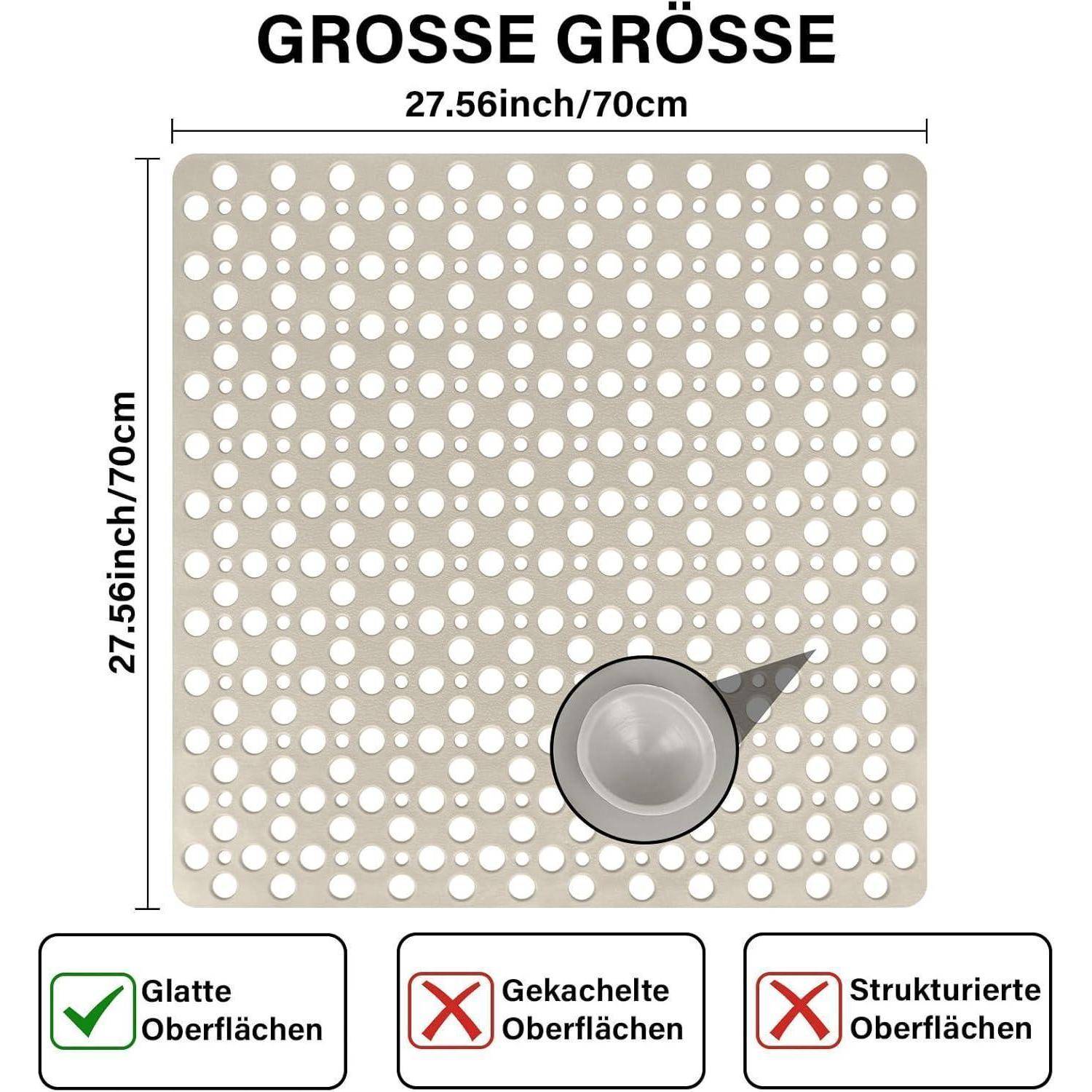 Größenleitfaden für eine Saugmatte: 27,56 x 27,56 Zoll (70 x 70 cm), nur für glatte Oberflächen geeignet, nicht für gekachelte oder strukturierte Oberflächen.