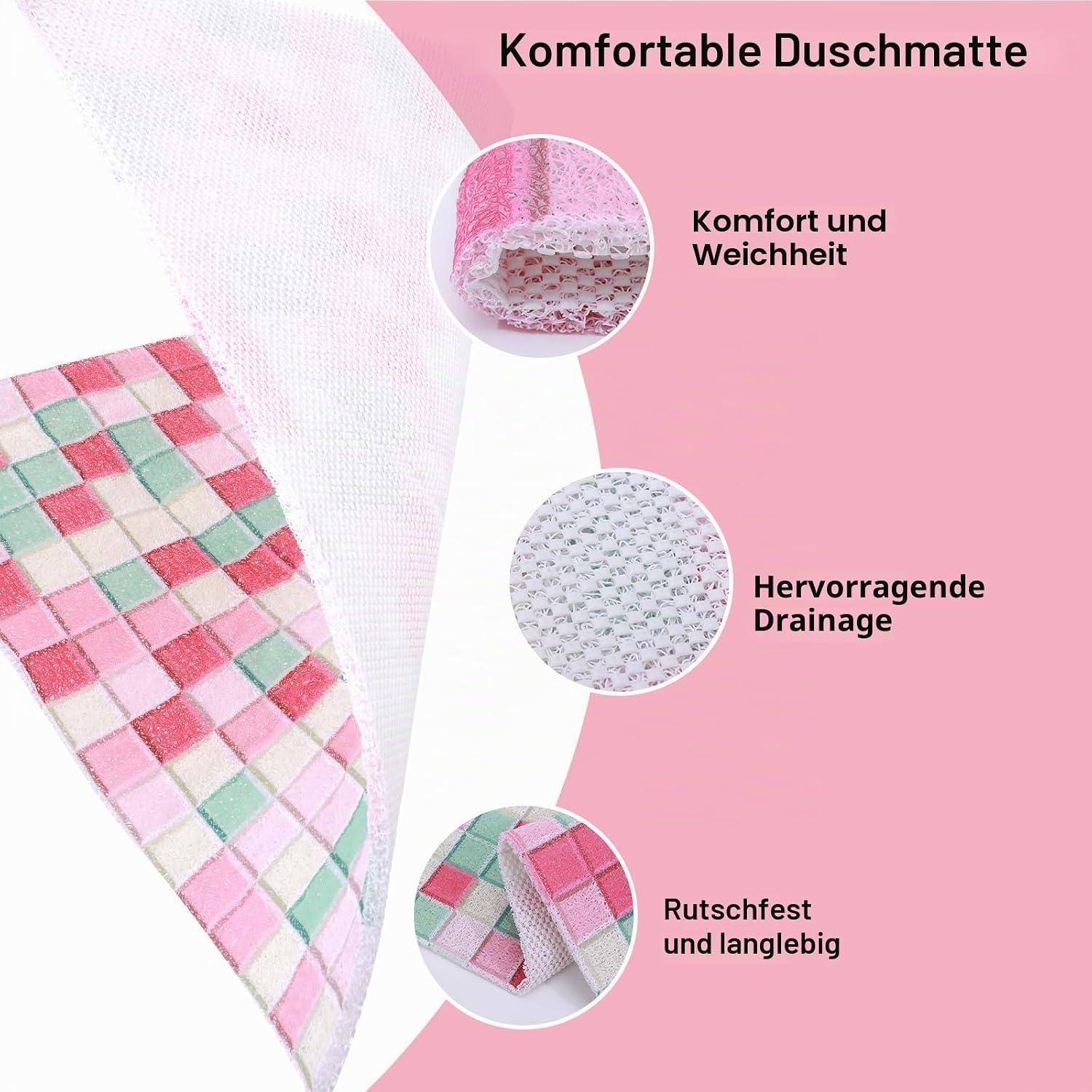 Werbegrafik für eine 'Komfortable Duschmatte' mit einer rosa-weißen Badmatte und Nahaufnahmen, die Komfort und Weichheit, hervorragende Drainage und rutschfeste Haltbarkeit hervorheben.