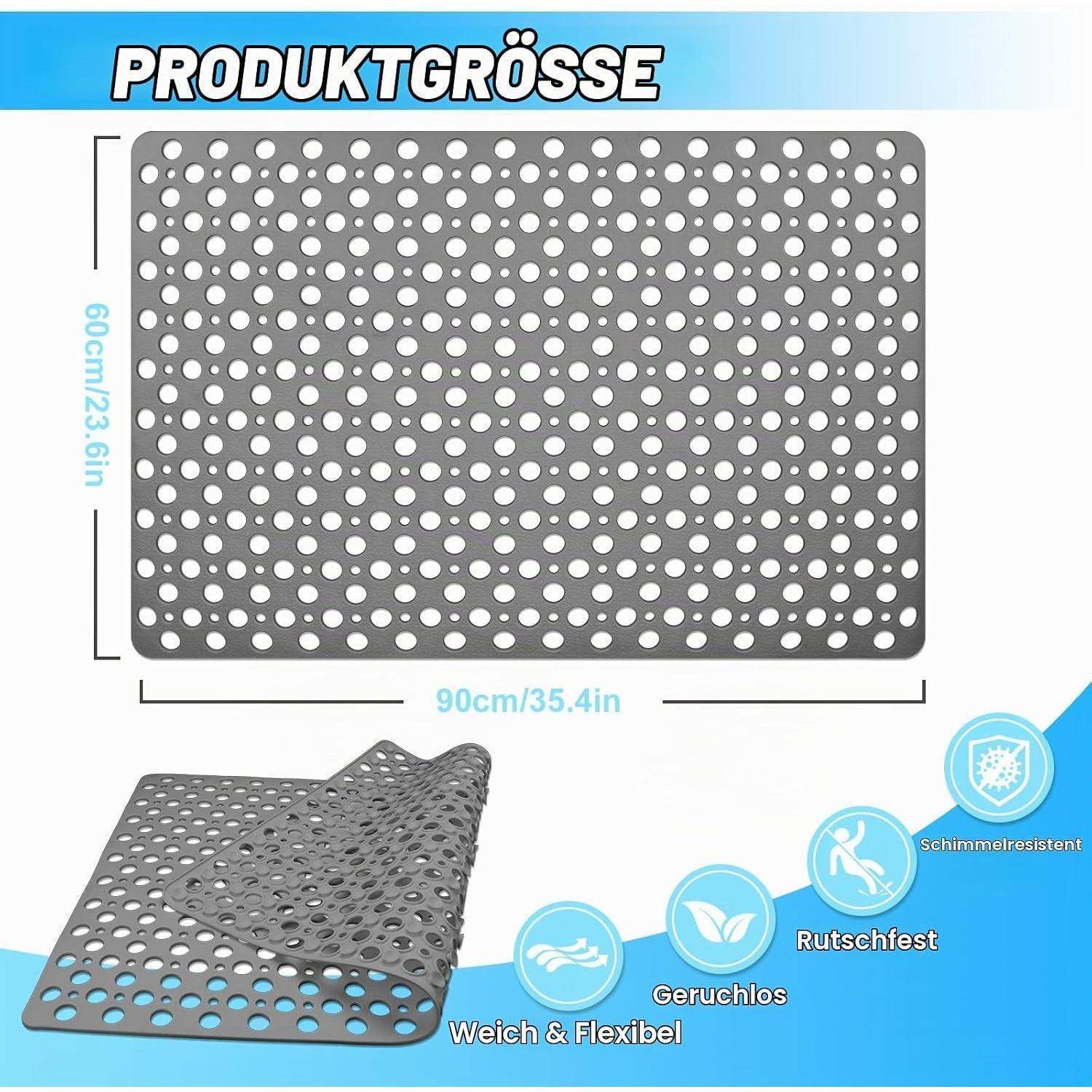 Größendiagramm eines grauen Lochmatte mit Maßen von 90 cm x 60 cm, dargestellt mit Symbolen, die die Eigenschaften weich, flexibel, geruchlos, rutschfest und schimmmelresistent anzeigen.