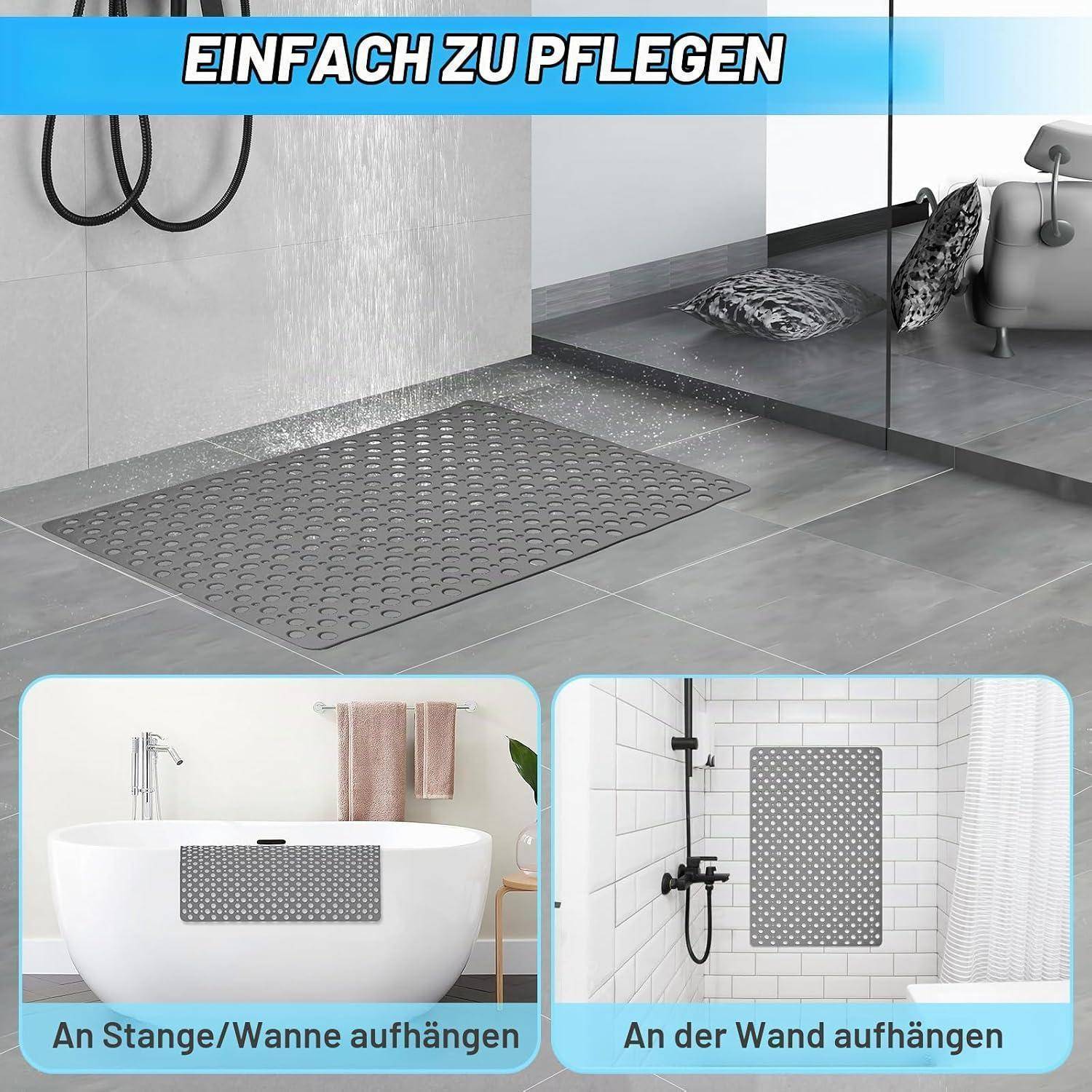 Duschmatte mit Saugnäpfen auf Badezimmerboden gezeigt, plus Beispiele zum Aufhängen an einer Badewanne oder Wand; Text sagt 'EINFACH ZU PFLEGEN' und 'An Stange/Wanne aufhängen', 'An der Wand aufhängen'.