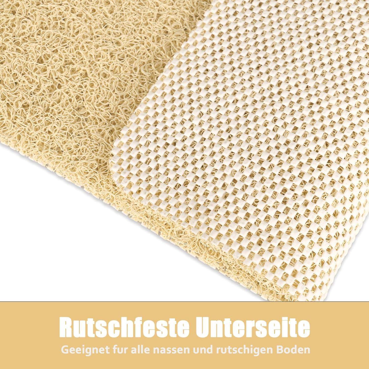Nahaufnahme der strukturierten Unterseite einer rutschfesten Matte mit dem deutschen Text „Rutschfeste Unterseite" und „Geeignet für alle nassen und rutschigen Böden"".