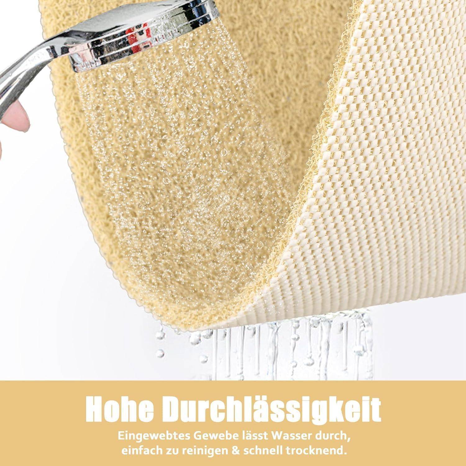 Nahaufnahme eines strukturierten Gewebes, das mit Wasser gespült wird, zeigt hohe Durchlässigkeit. Der Text lautet „Hohe Durchlässigkeit" und besagt, dass Wollstoff Wasser durchlässt und leicht zu reinigen ist und schnell trocknet.