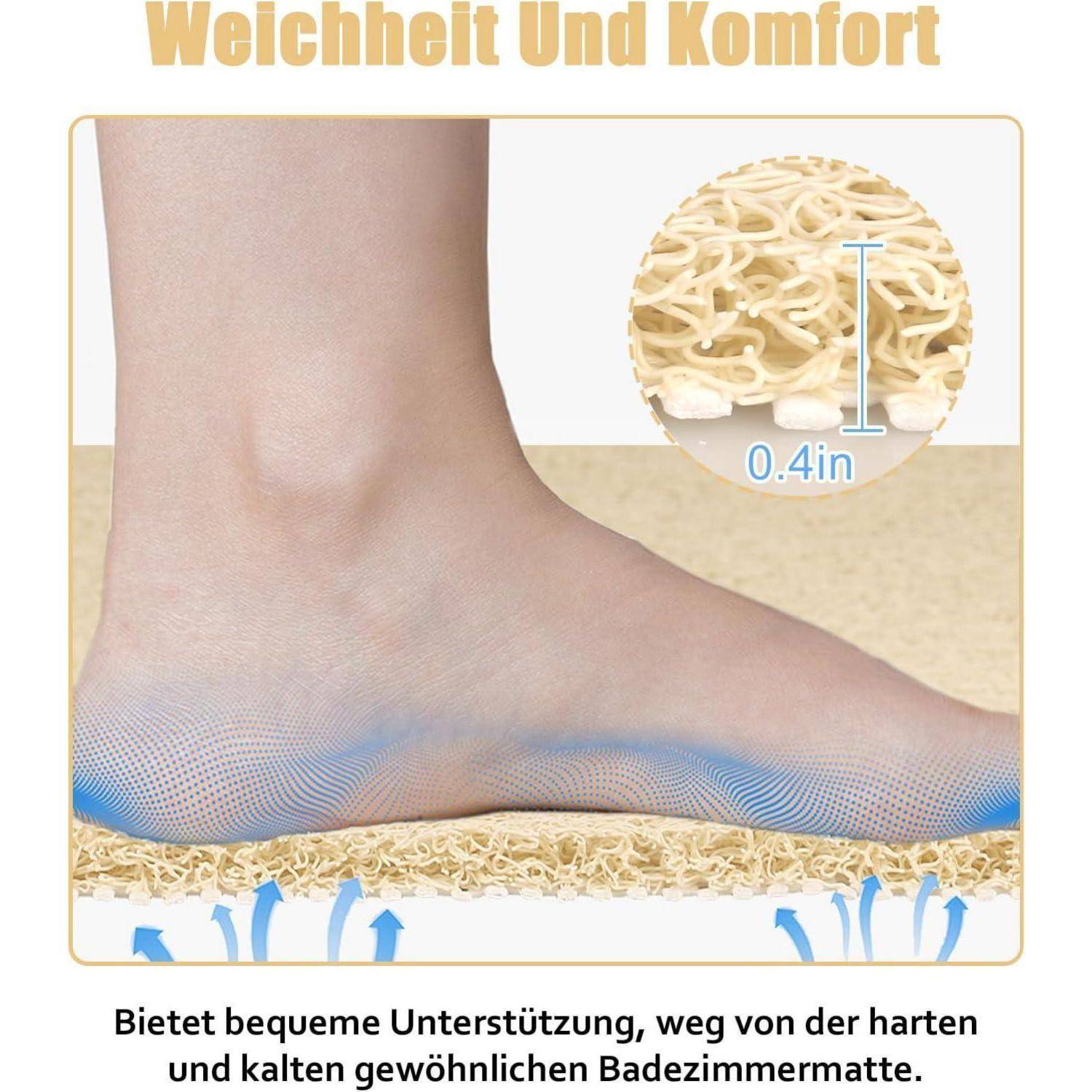 Fuß auf gepolsterter Einlegesohle mit weichem Komfort und Unterstützung; die Vergrößerung zeigt 0,4 Zoll Dicke und Luftzirkulation zur Stoßdämpfung.