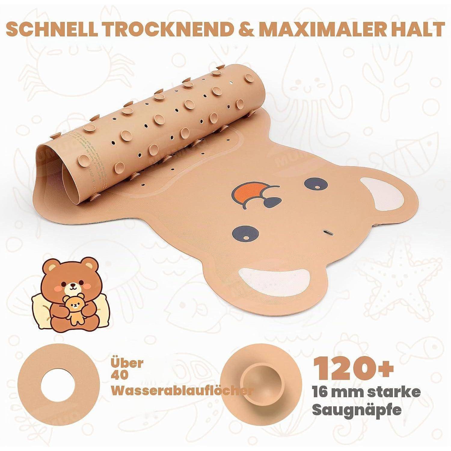 Bärförmige Badmatte mit Saugnäpfen; Text besagt „SCHNELL TROCKNEND & MAXIMALER HALT