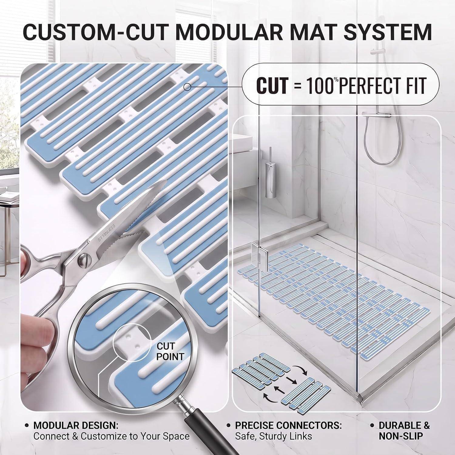 Anzeige für ein maßgeschneidertes modulares Badezimmermattensystem mit einer Schere, die verzahnte Mattenkacheln für eine perfekte Passform in der Dusche trimmt.