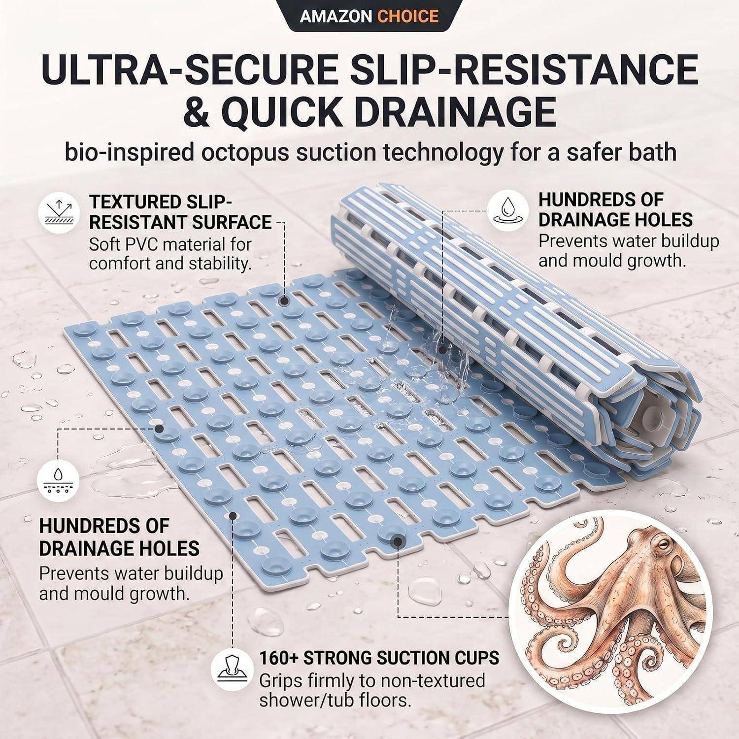 Produkt-Anzeige für eine Amazon Choice Badematte: „Ultra-sicherer Rutschschutz und schnelle Entwässerung" mit strukturiertem PVC, hunderten von Entwässerungslöchern und 160+ Saugnäpfen.