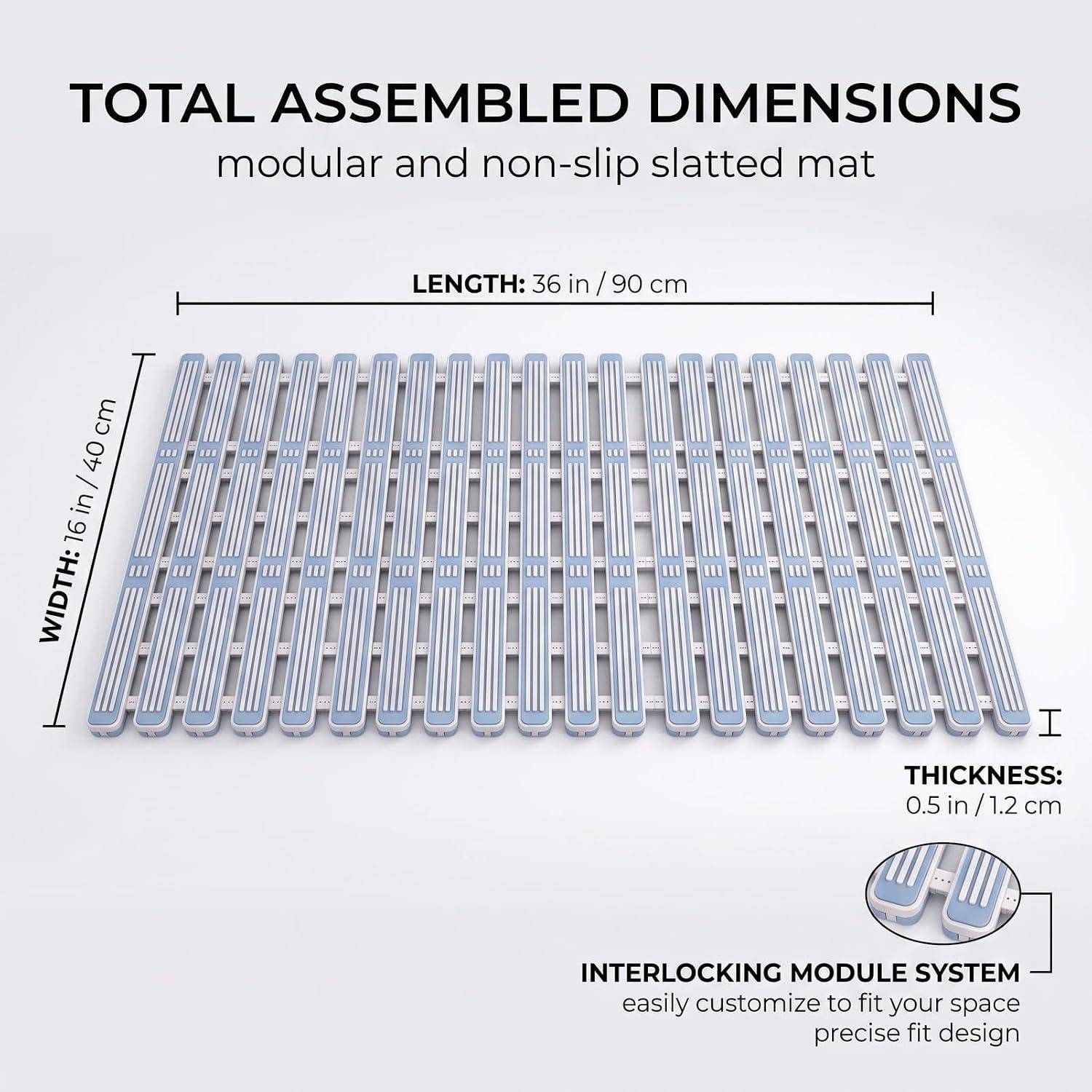 Abbildung einer modularen rutschfesten Lamellenmatte mit zusammengesetzten Abmessungen: 36 Zoll/90 cm Länge, 16 Zoll/40 cm Breite, 0,5 Zoll/1,2 cm Dicke, mit einem Verriegelungsmodulsystem.