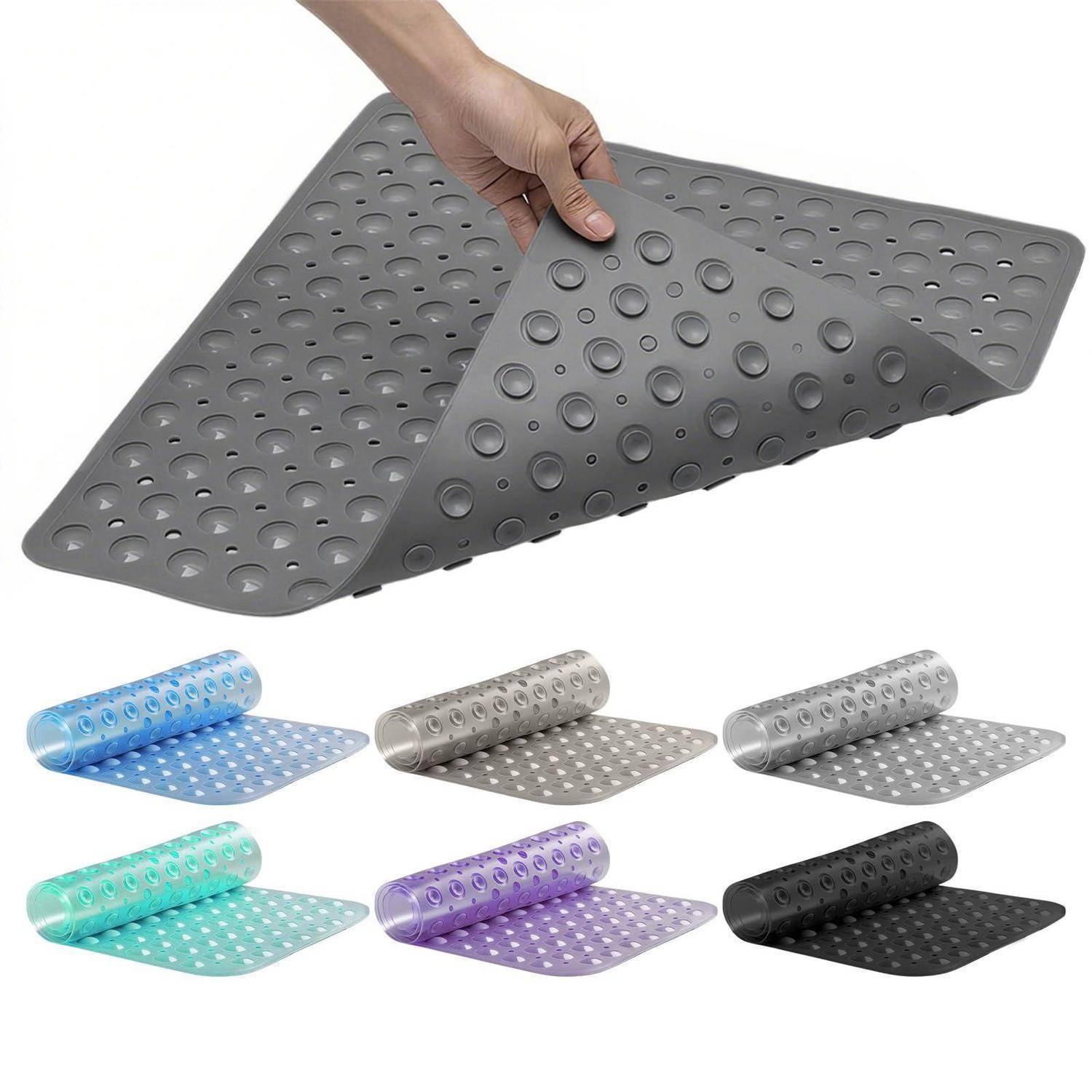 Hand hebt eine strukturierte, perforierte rutschfeste Matte an, mit kleineren Ansichten, die die Matte in Blau, Grau, Türkis, Lila und Schwarz zeigen.