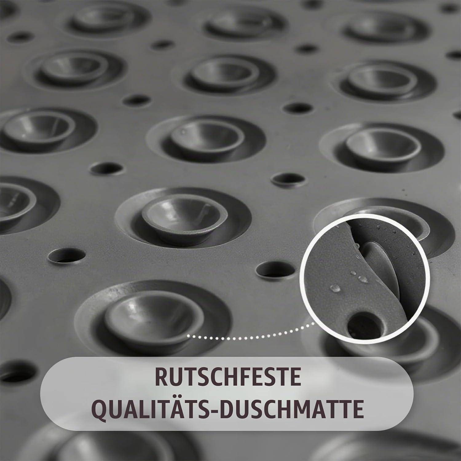 Nahaufnahme einer grauen Saugnapf-Dushmatte mit eingefügtem Detail, beschriftet mit „RUTSCHFESTE QUALITÄTS-DUSHMATTE
