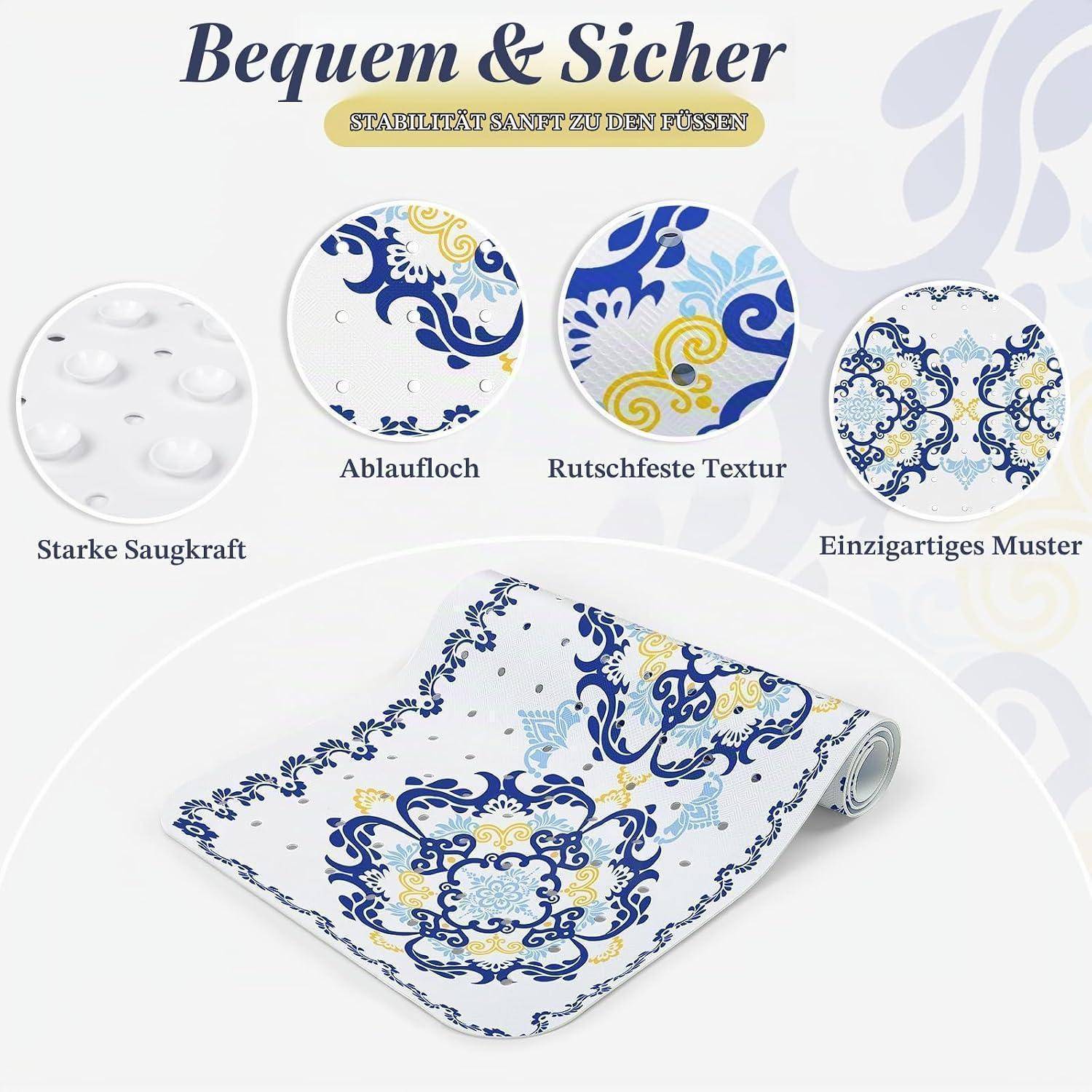 Werbebild einer gemusterten Badmatte mit gekennzeichneten Funktionen starke Saugkraft, Ablöcher, rutschfeste Oberfläche und einzigartiges Design; Überschrift „Bequem & Sicher