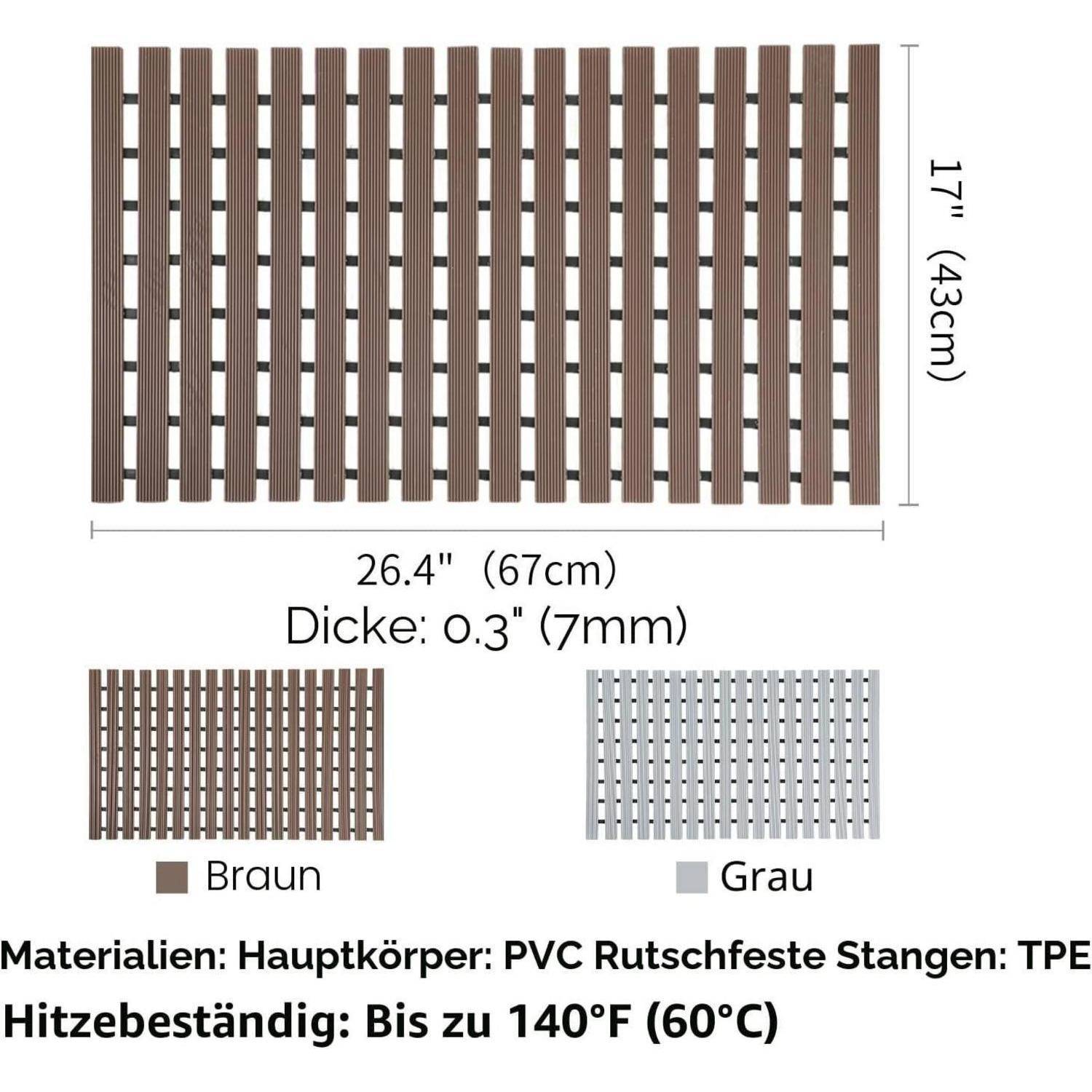 Produktdiagramm einer PVC-Lamellenmatte, 26,4 x 17 Zoll, 0,3 Zoll dick, in Braun und Grau dargestellt; hitzebeständig bis 140°F (60°C).