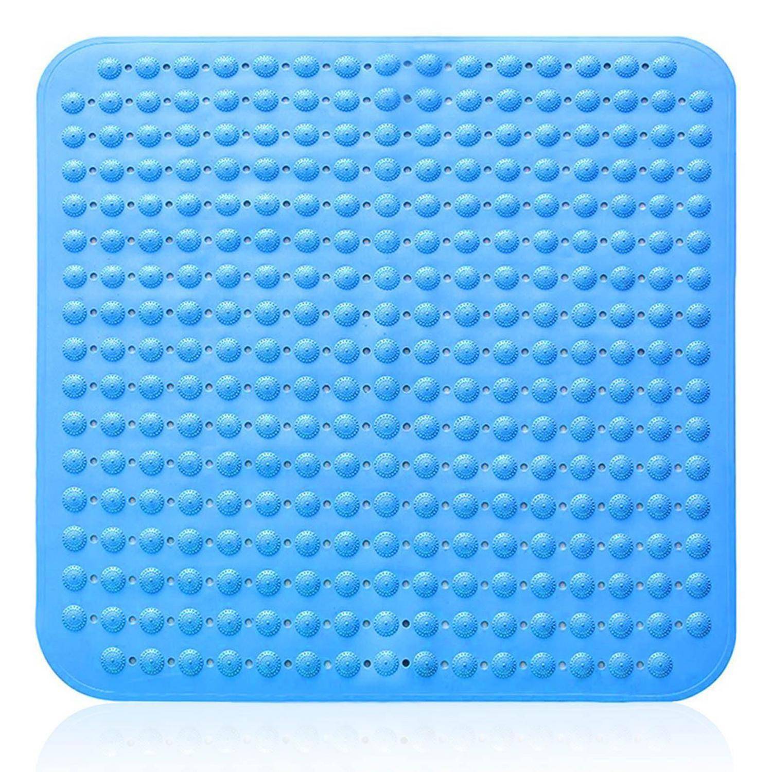 Blaue Badewannenmatte aus Silikon mit erhabenen Saugnäpfen und abgerundeten Ecken, auf weißem Hintergrund dargestellt.