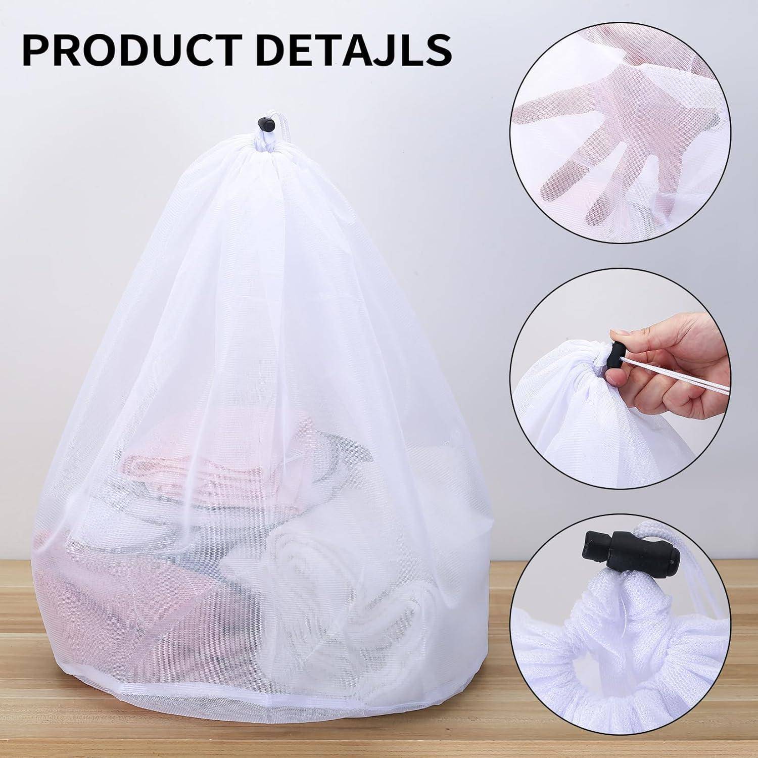 Produktdetailbild einer weißen Mesh-Wäschetasche mit Kordelzugverschluss, das den Stoff, die Zugschnur und die Verwendung einer gefüllten Tasche zeigt.