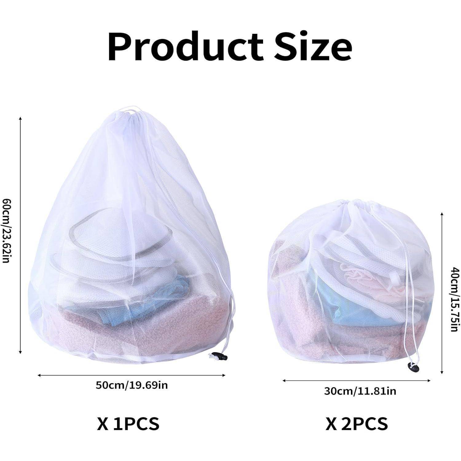 Produktgrößentabelle mit zwei Mesh-Wäschebeutel: X 1 STÜCK ist 60 cm hoch und 50 cm breit, und X 2 STÜCK ist 40 cm hoch und 30 cm breit.