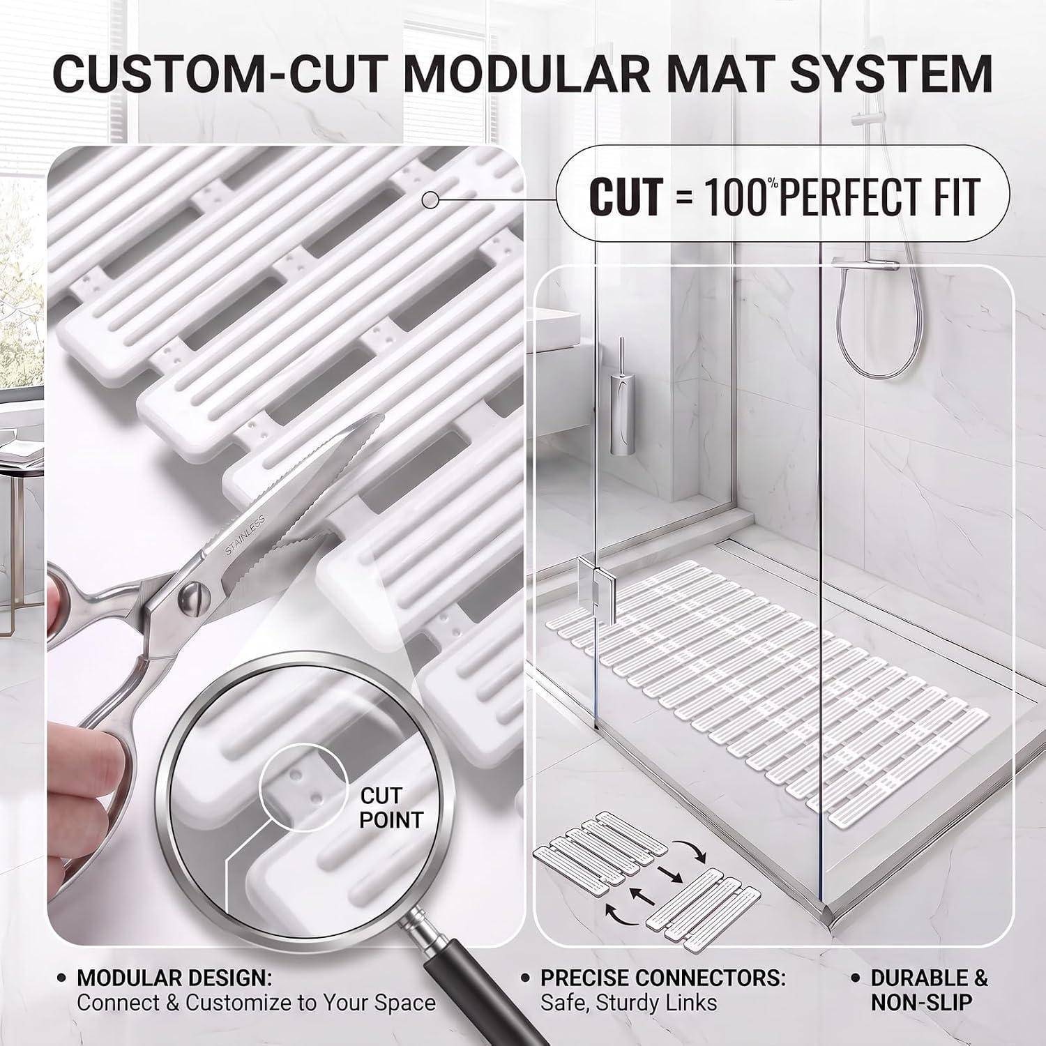 Werbebild eines maßgeschneiderten modularen Badematten-Systems, das weiße, ineinander greifende Mattenstücke zeigt, die zum Zuschneiden für einen Duschboden geeignet sind, mit der Beschriftung „ZUSCHNITT = 100% PERFEKTE PASSFORM".