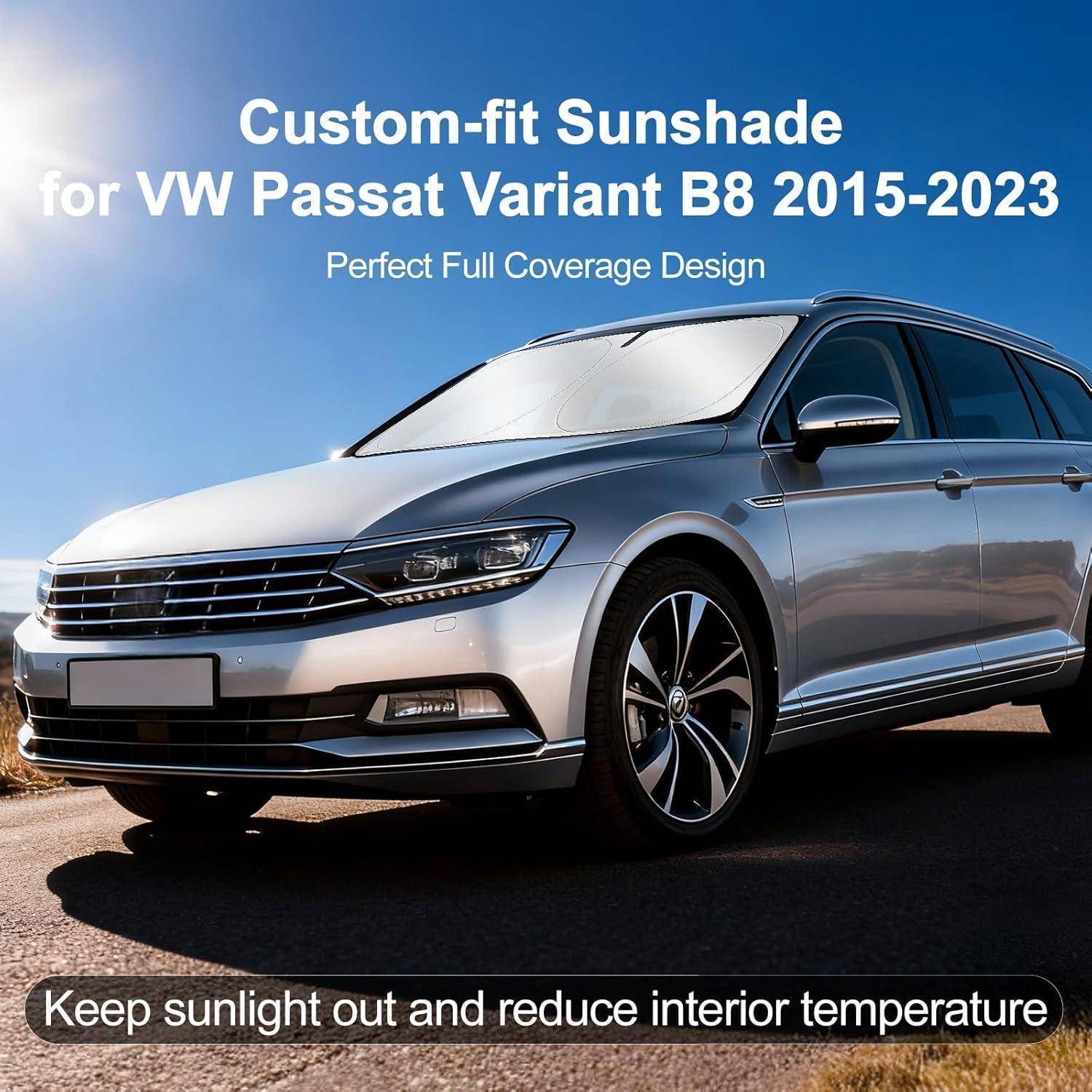 Silberner Volkswagen Passat mit Werbetexten für einen maßgeschneiderten Sonnenschutz für VW Passat Variant B8 2015-2023 und mit der Behauptung, vollständige Abdeckung zu bieten, um Sonnenlicht zu blockieren und die Innentemperatur zu senken.