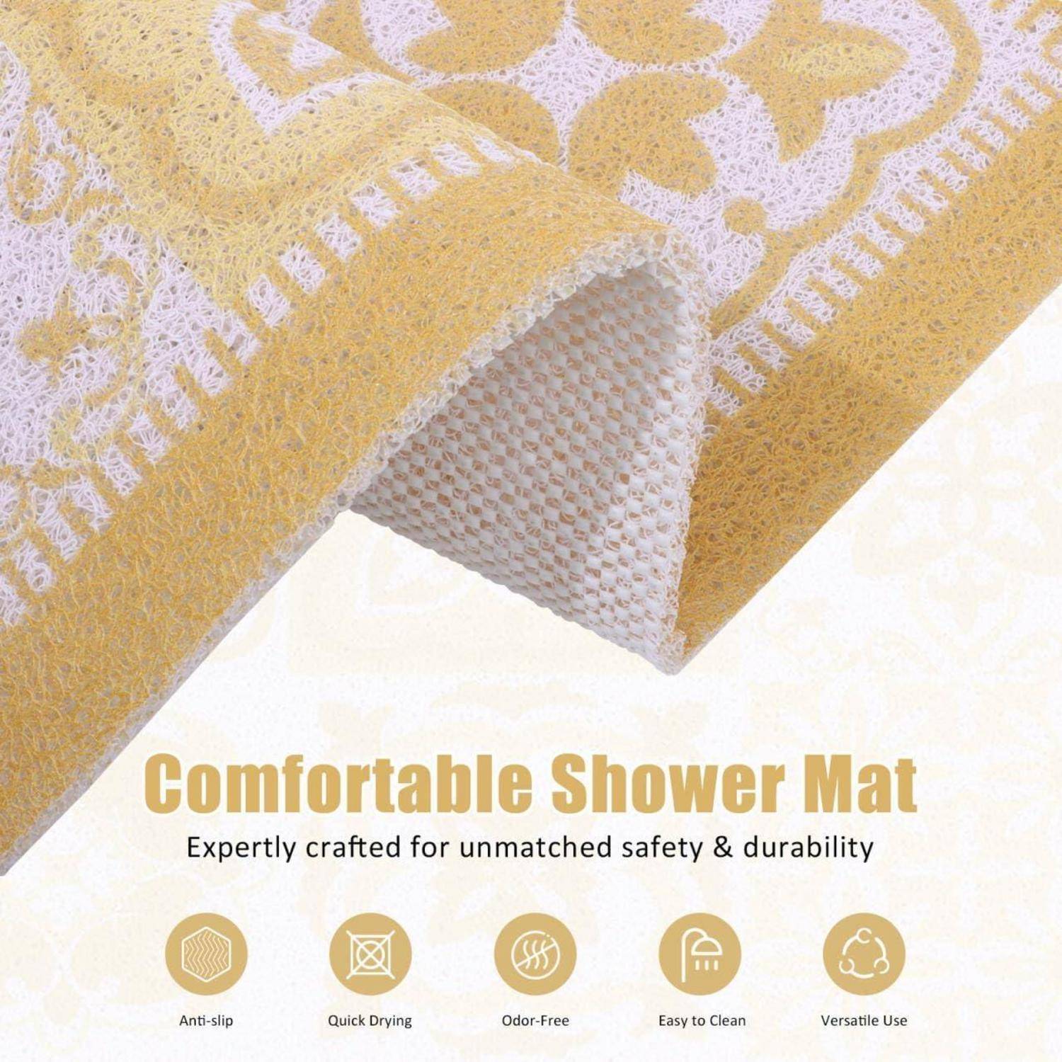 Produktbild einer goldenen Badewannenmatte mit der Bezeichnung „Komfortable Badewannenmatte