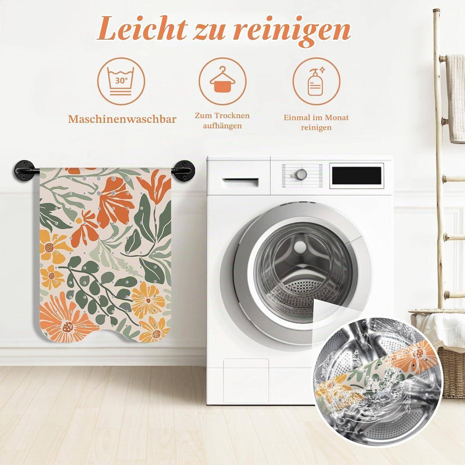 Waschmaschine mit abnehmbarer Blumenmustermatte; der deutsche Text besagt leicht zu reinigen, waschmaschinengeeignet, zum Trocknen aufhängen, monatlich reinigen.