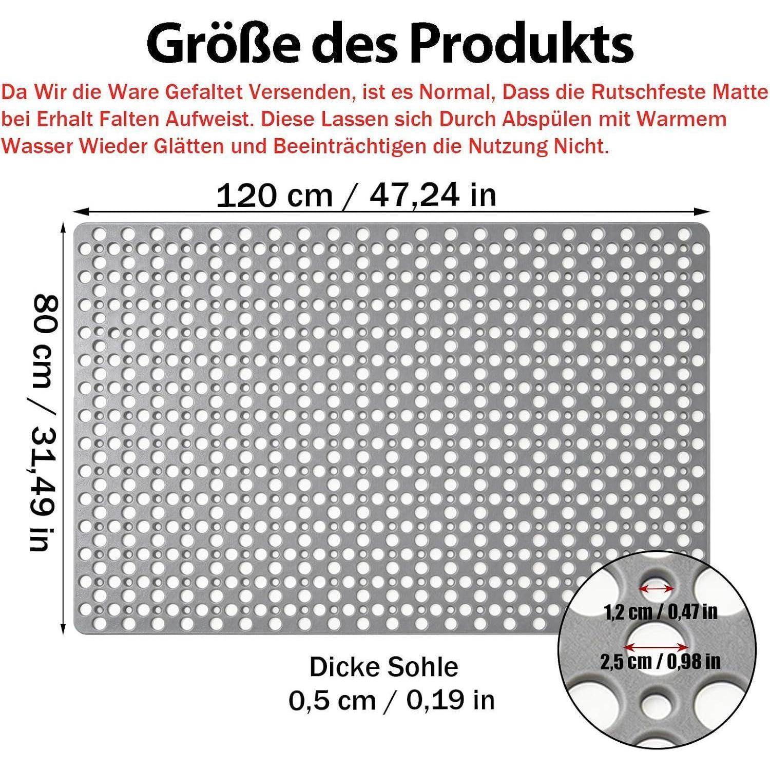 Größentabelle einer Lochgewebe-Matte: 120 cm x 80 cm, Dicke 0,5 cm; Ausschnitt zeigt Lochdurchmesser 1,2 cm und Abstand 2,5 cm.