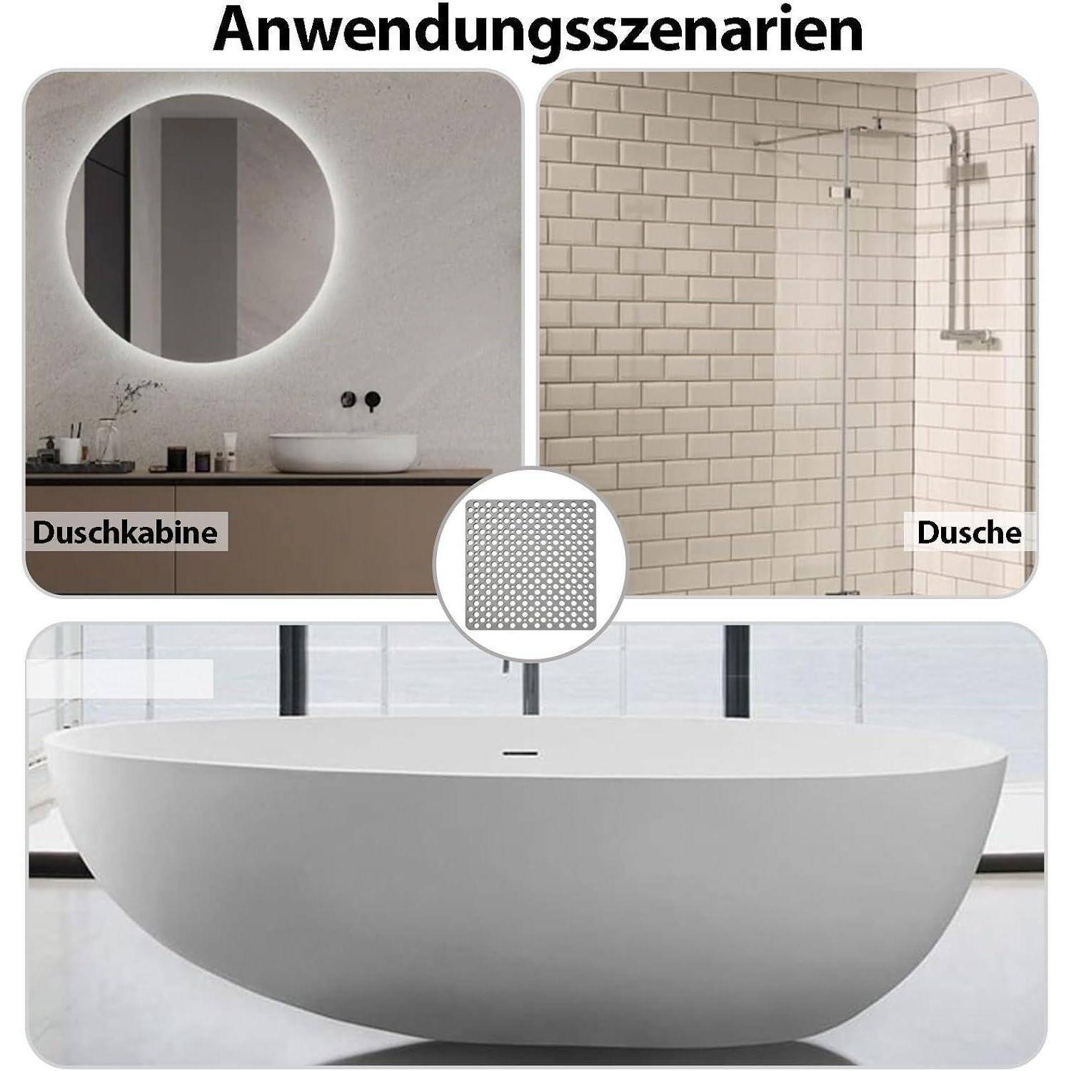 Collage mit dem Titel "Anwendungsszenarien"" zeigt einen Badezimmerspiegelbereich mit der Bezeichnung ""Duschkabine"", eine geflieste Dusche mit der Bezeichnung ""Dusche"" und eine moderne freistehende Badewanne.
