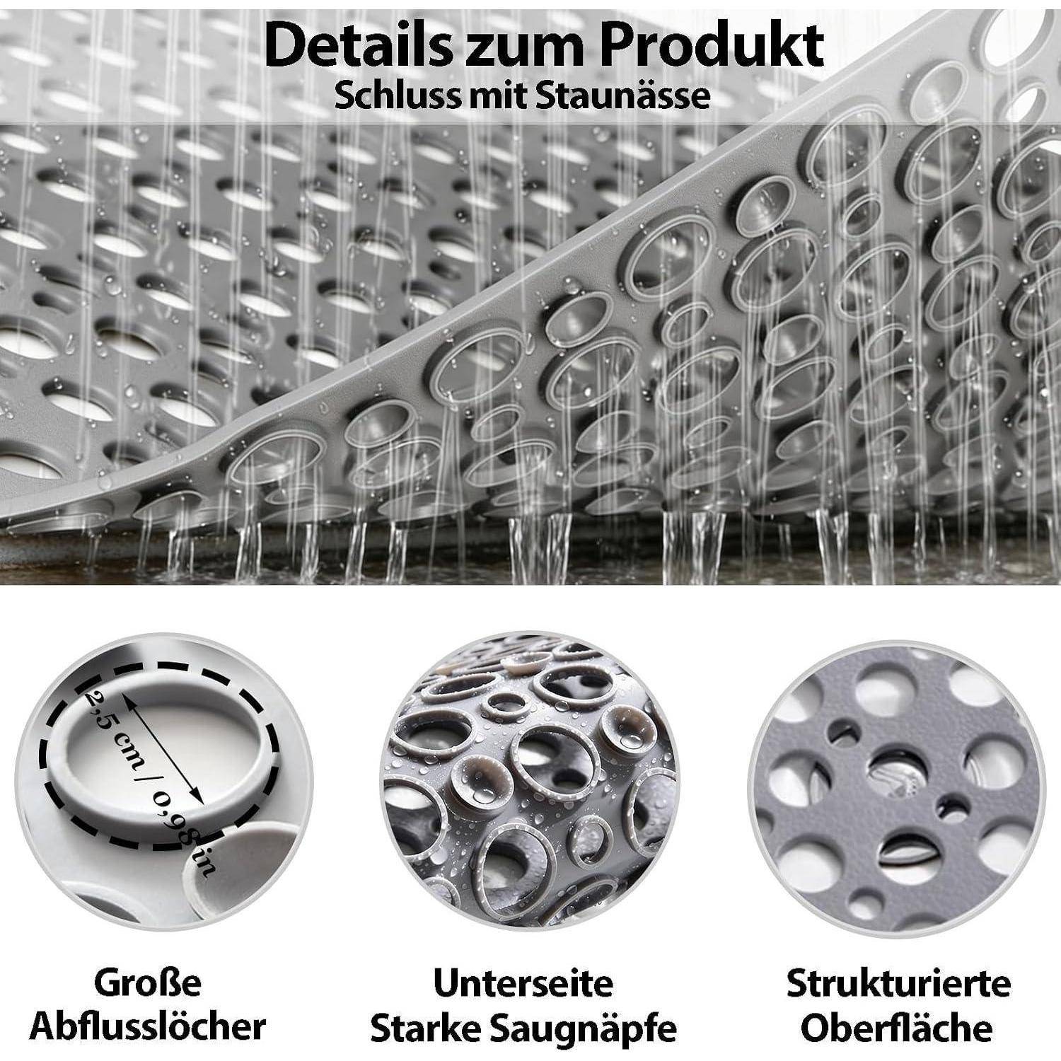 Deutsches Produktgrafik, das eine gelochte Matte zeigt, durch die Wasser durch große Löcher ablaufen kann und Saugnapfoberfläche hat; Beschriftungen lauten „Große Abflusslöcher", „Unterseite Starke Saugnäpfe"", „Strukturierte Oberfläche"".