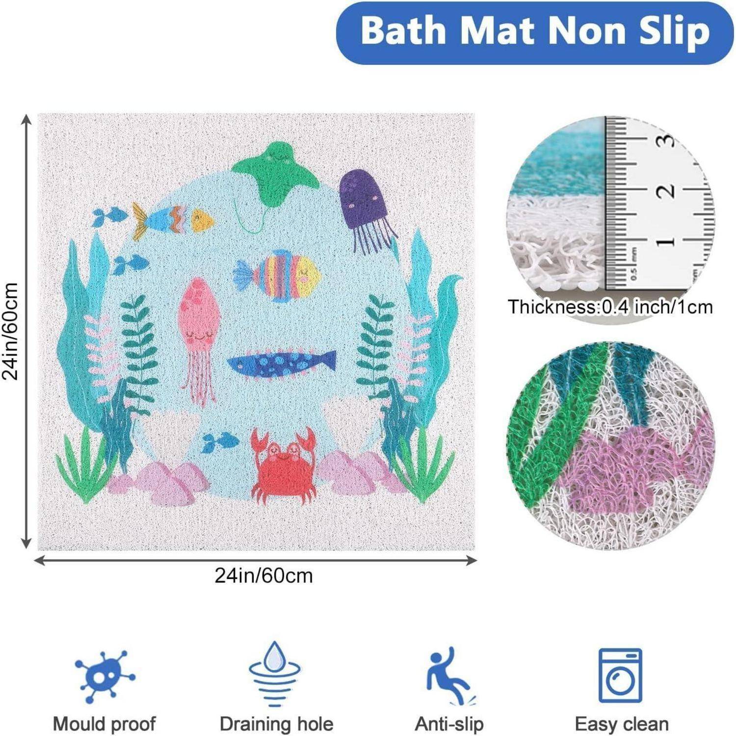 Badezimmermatte rutschfest, 24x24 Zoll (60x60 cm) ozeanisches Design mit Fischen und Meereslebewesen, 0,4 Zoll dick, maschinenwaschbar, rutschsicher, Ablaufloch, leicht zu reinigen.