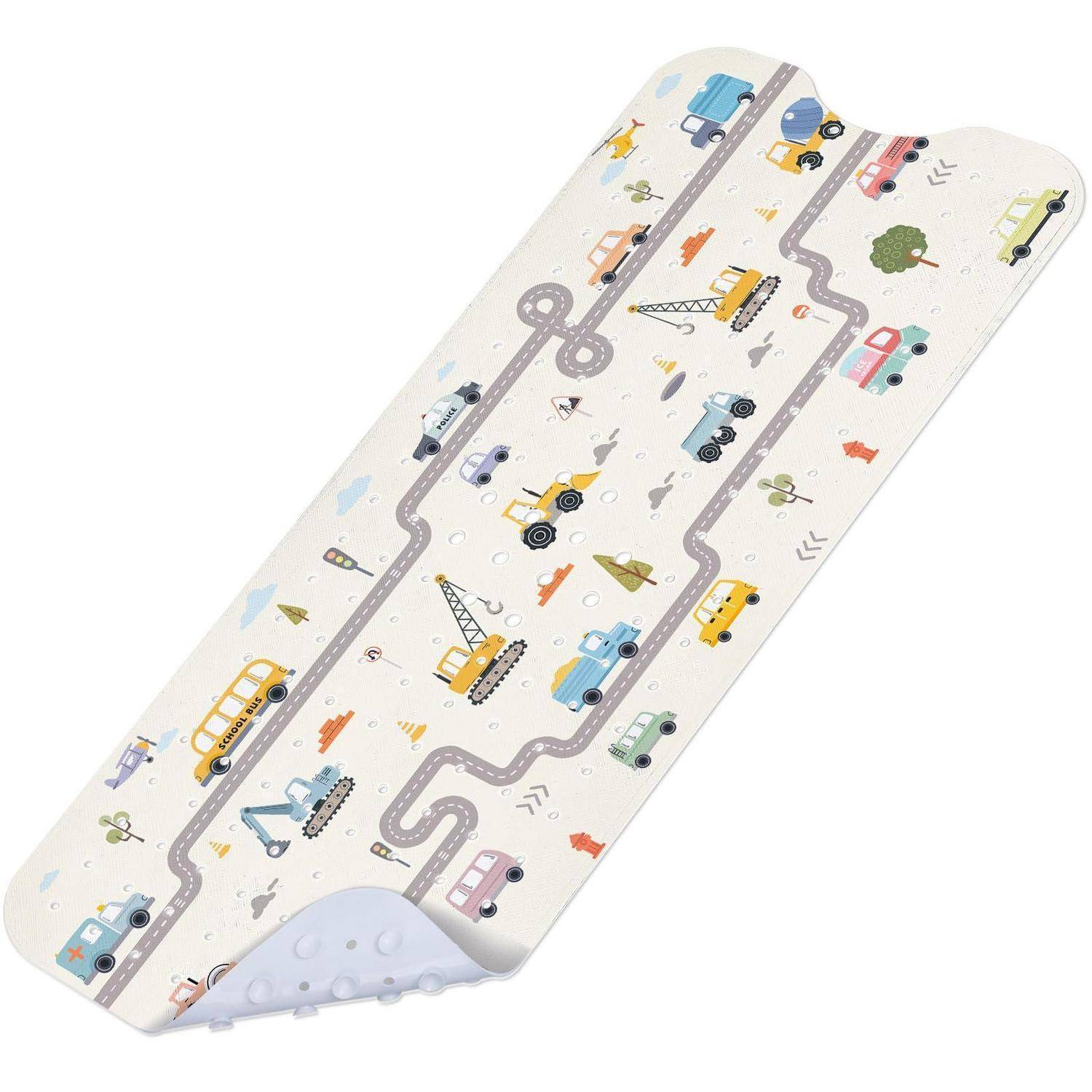 Illustrierte Spielmatte für Kinder mit gewundenen Straßen und kleinen Fahrzeugen, einschließlich Autos, Lastkraftwagen, Bussen und Baumaschinen, auf cremefarbenem Hintergrund.