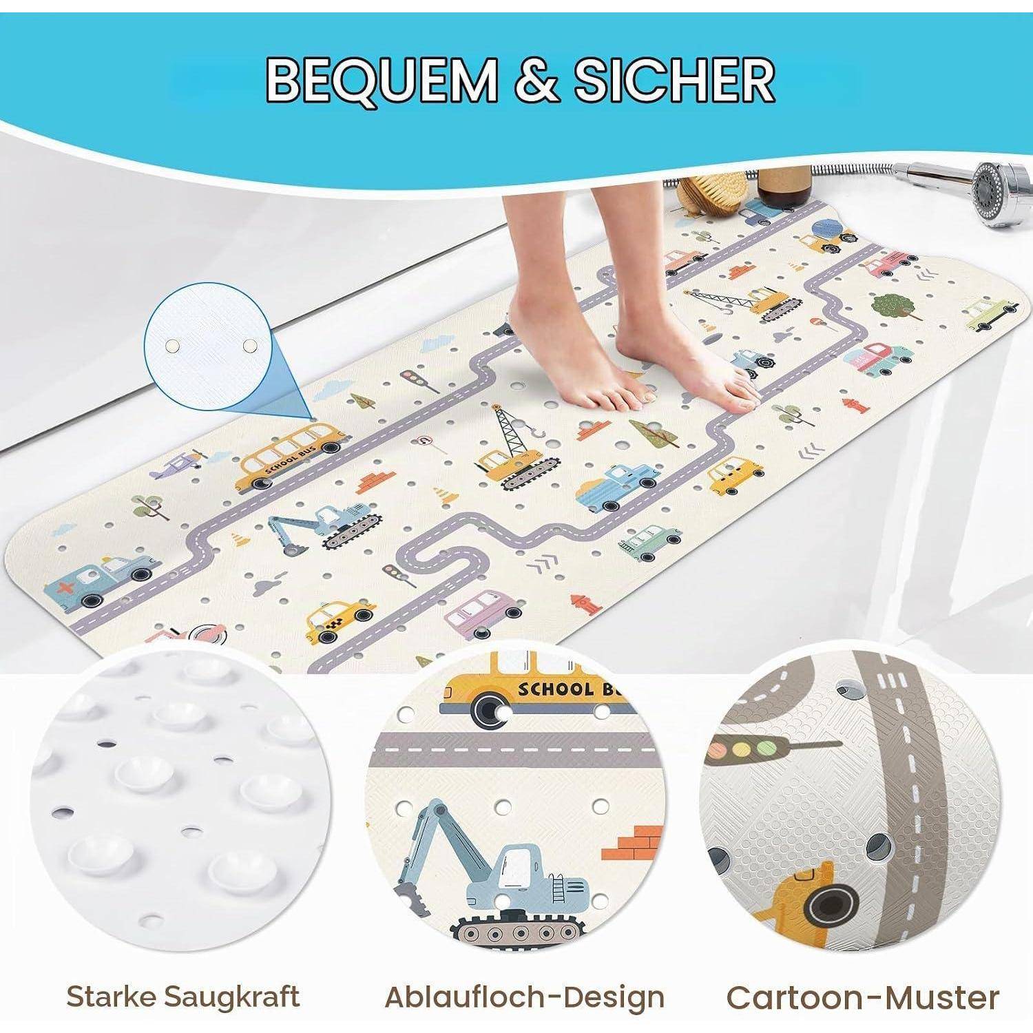 Rutschfeste Badmatte mit Cartoon-Straße und Fahrzeugdruck; Text sagt „BEQUEM & SICHER" und hebt starke Saugnäpfe, Drainagesloch-Design und Cartoon-Muster hervor.