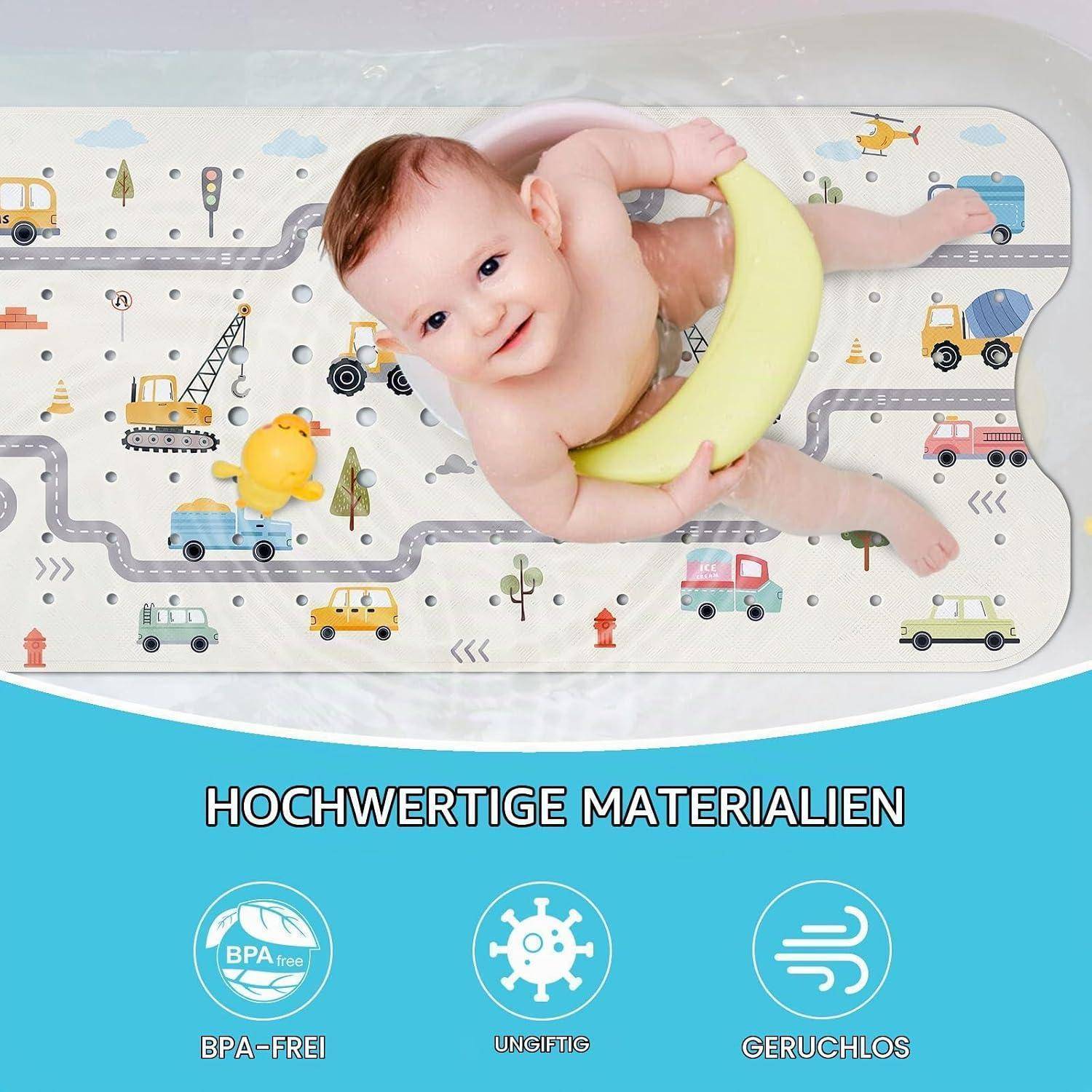 Baby liegt auf einer gemusterten Spielmatte, hält ein gelbes Ringspielzeug; der Text darunter lautet „HOCHWERTIGE MATERIALIEN" und „BPA-FREI"", „UNGIFTIG"", „GERUCHLOS"".