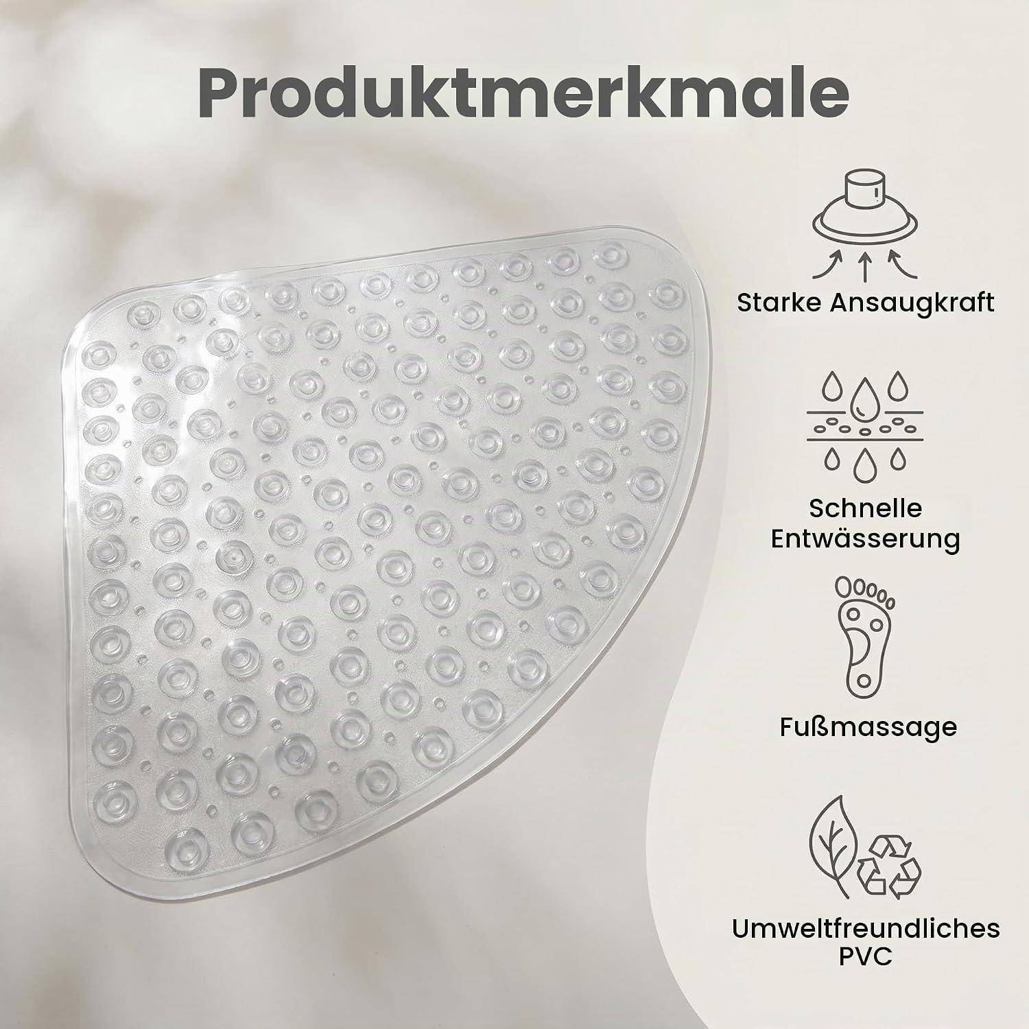 Produktmerkmale-Grafik mit einer transparenten Saugbadematte mit Symbolen für starke Saugkraft, schnelle Entwässerung, Fußmassage und umweltfreundliches PVC.