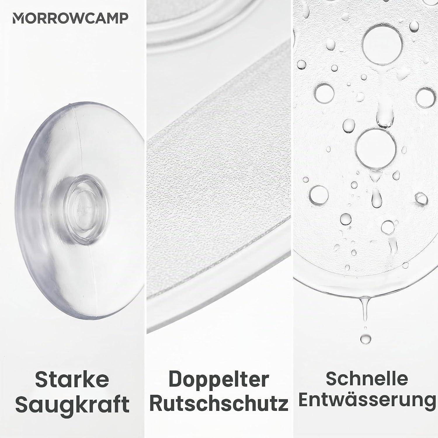 Produktgrafik mit einem Saugnapf mit der Marke „MORROWCAMP" und drei Vorteilen: starke Saugleistung, doppelter Rutschschutz und schnelle Entwässerung.