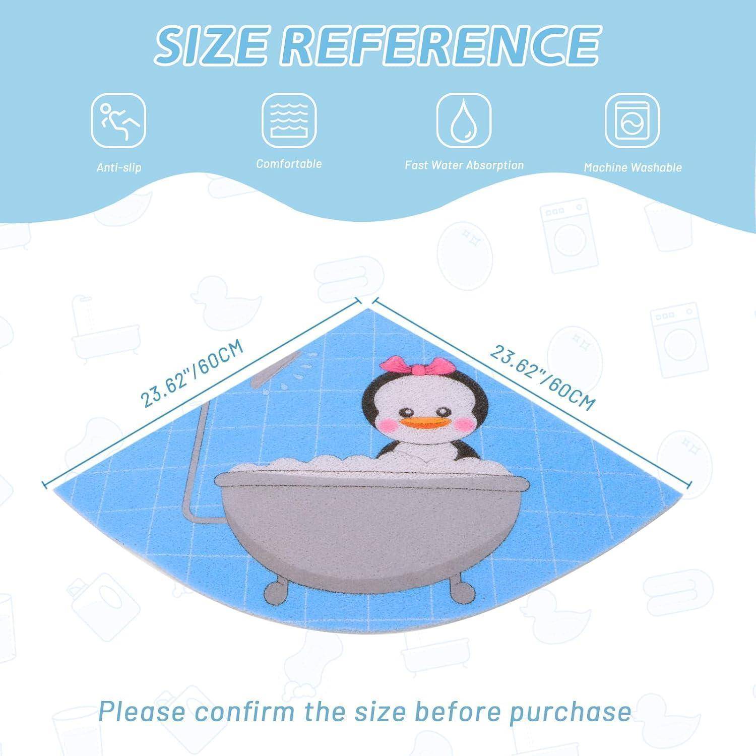 Größenreferenzgrafik für eine Badematte mit einem Pinguin-in-Badewanne-Design und den Abmessungen 23,62 Zoll/60 cm x 23,62 Zoll/60 cm mit den Merkmalen rutschfest, komfortabel, schnelle Wasseraufnahme und maschinenwäschbar.