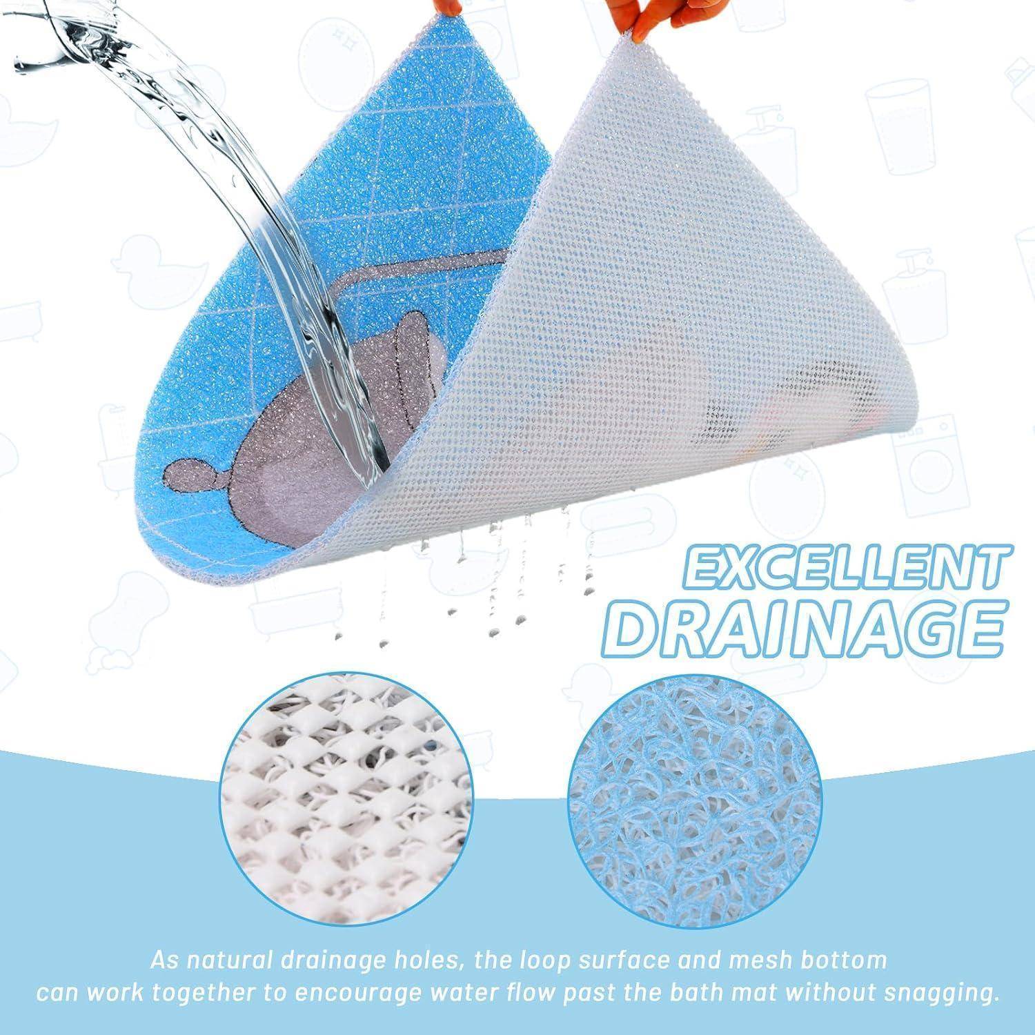 Illustration einer Badmatte mit Schlingenoberfläche und Netzboden, der Wasser ablaufen lässt, gekennzeichnet mit „AUSGEZEICHNETE ENTWÄSSERUNG