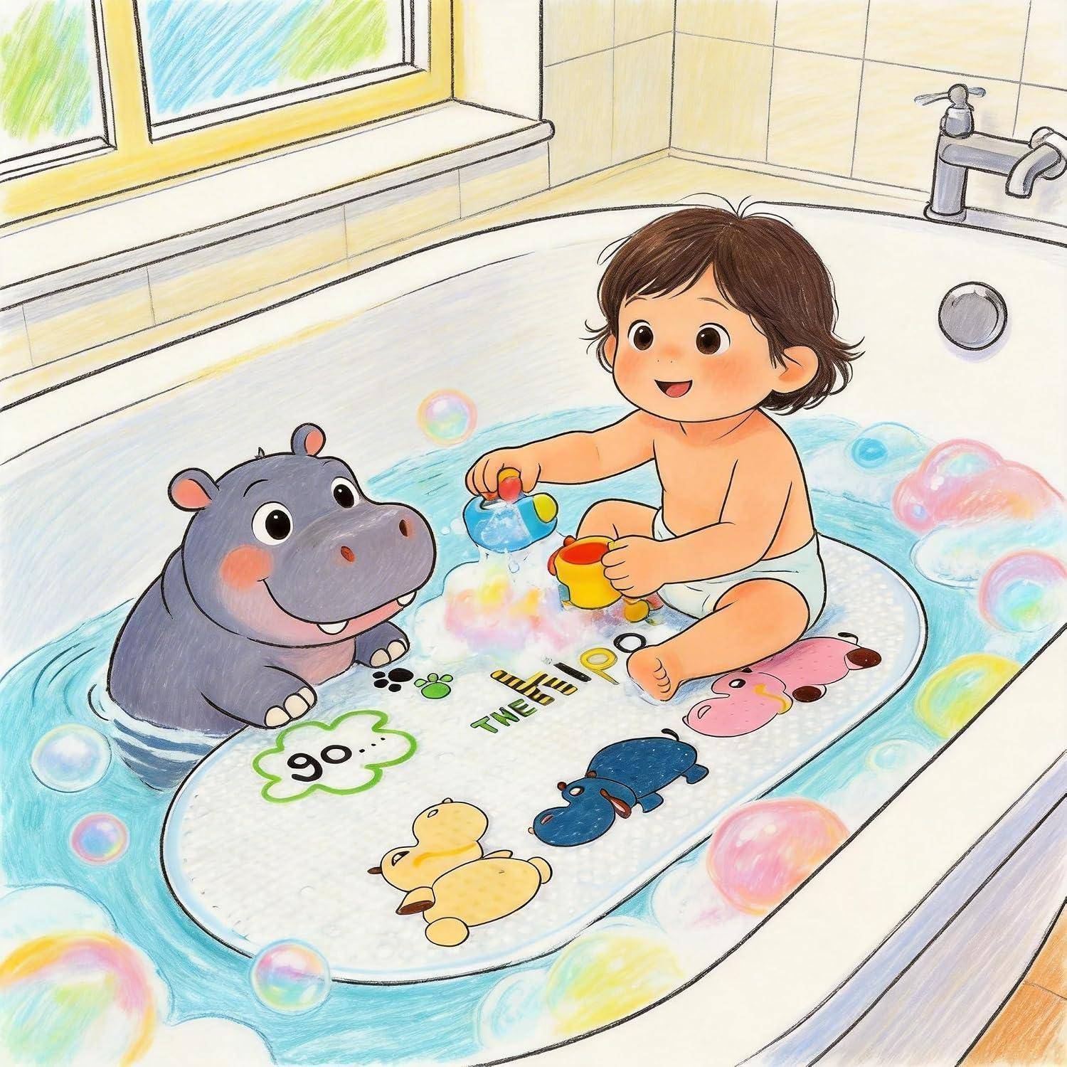Ein lächelndes Kleinkind spielt in einem Schaumbad mit einem Spielzeug-Nilpferd und gießt Wasser auf eine schwimmende Badematte mit bunten Tierfiguren.