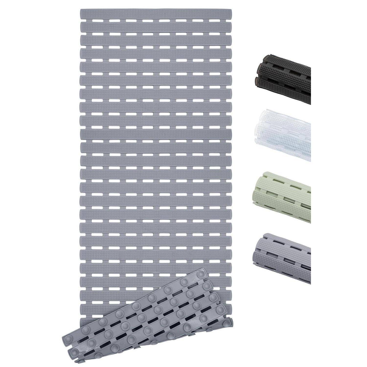 Graues modulares Kunststofflamellenpanel in voller Länge mit einem gefalteten Bereich, plus Farbmuster in Schwarz, Weiß, Grün und Grau auf der rechten Seite.