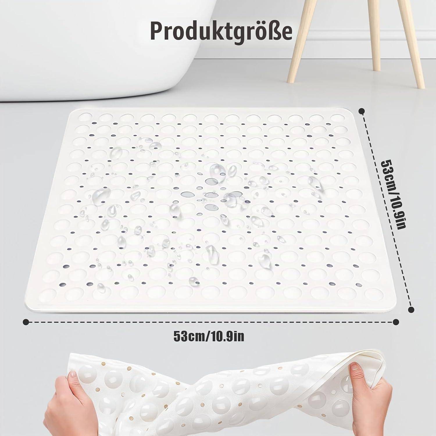 Weiße quadratische Badmatte dargestellt als Produktgrößenbild, beschriftet mit „Produktgröße", mit Abmessungen von 53 cm x 53 cm, mit Händen, die ihre flexible Textur demonstrieren.