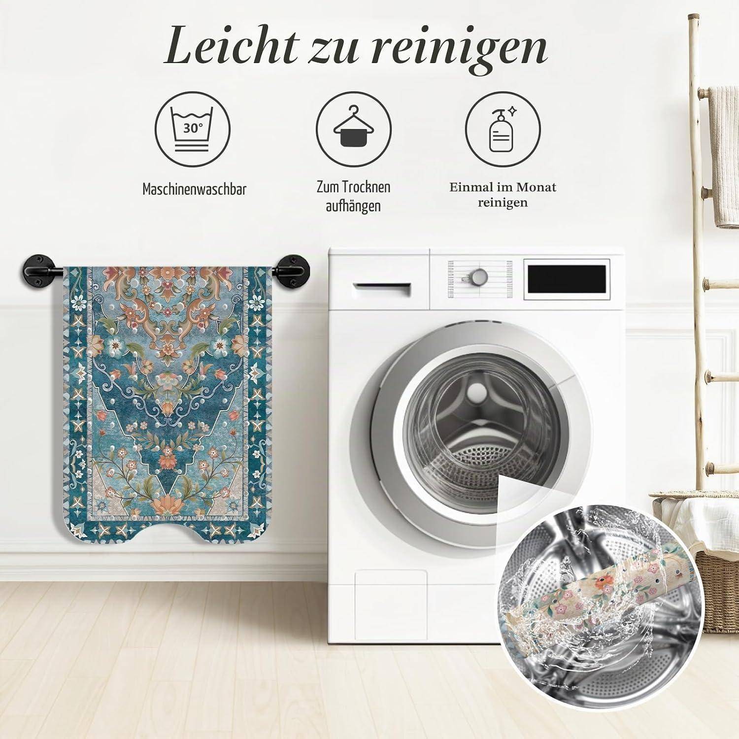Pflegeanleitung für einen dekorativen Teppich: Maschinenwäsche bei 30°, zum Trocknen aufhängen, monatlich reinigen, abgebildet neben einer Waschmaschine.