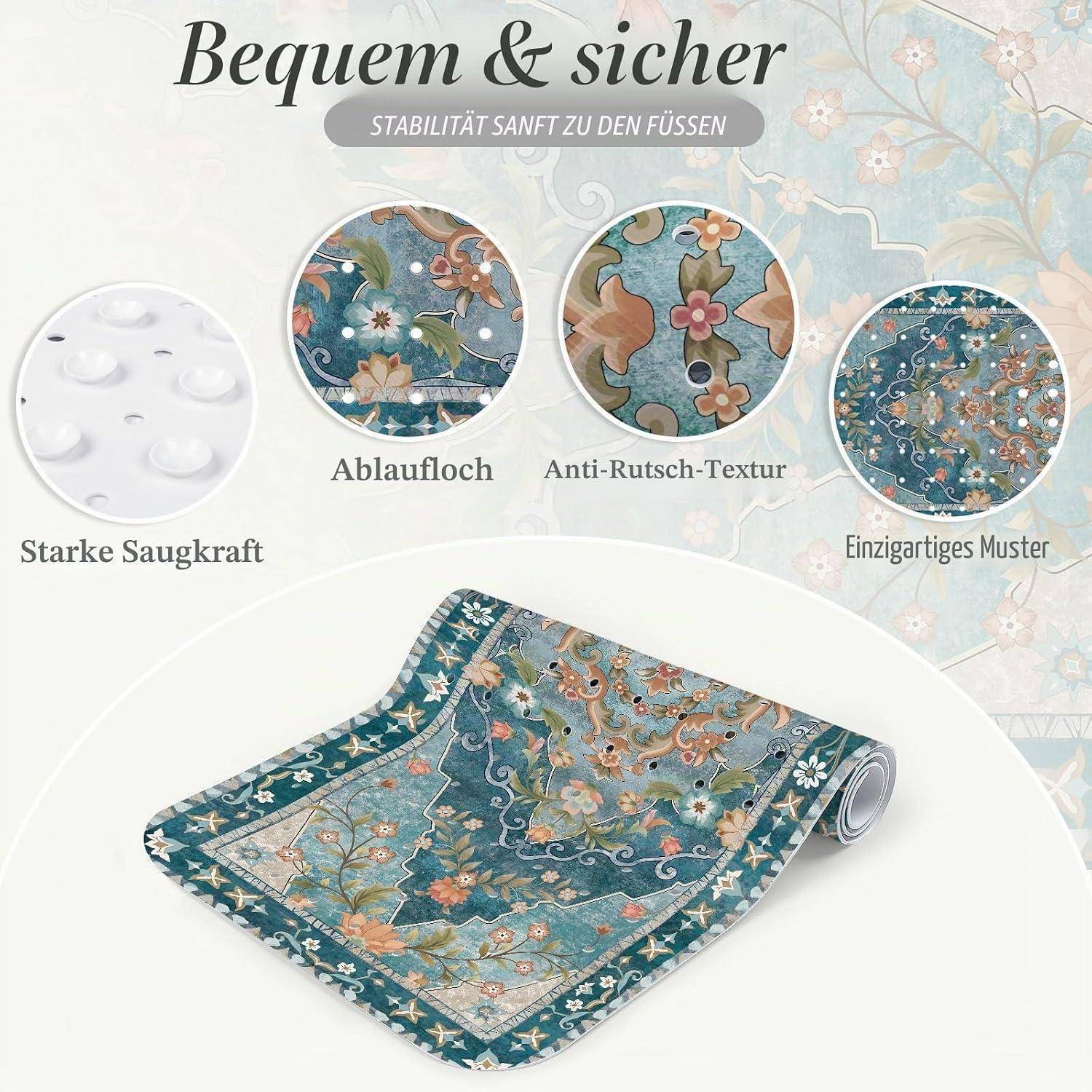 Grafik für ein deutsches Blumen-Badezimmertuch, das starke Saugkraft, Abloch, rutschfeste Textur und einzigartiges Muster hervorhebt; gerolltes Tuch wird unten gezeigt.